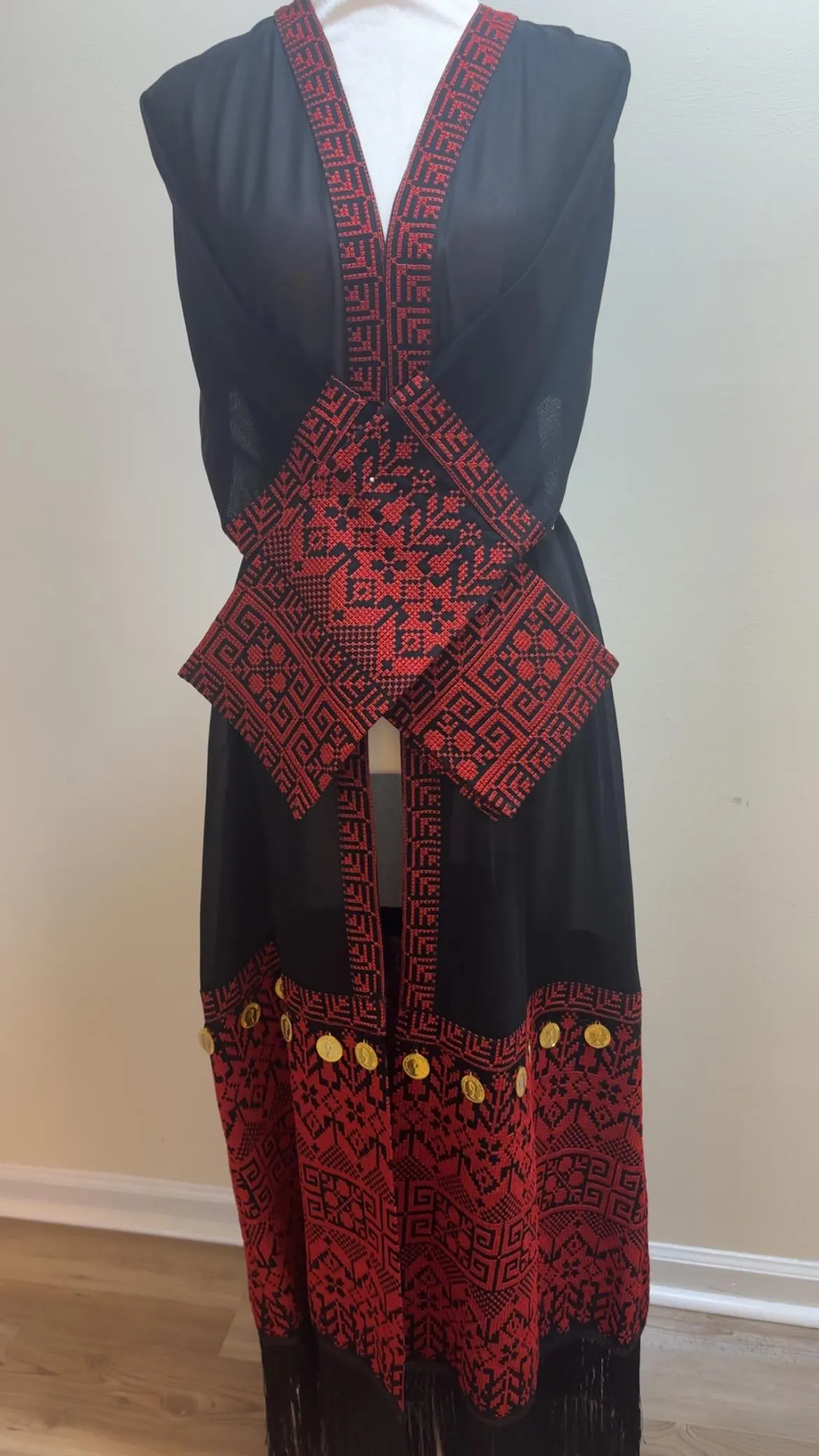 Palestinian Embroidered Abaya, Black Chiffon Kaftan, Gold Coin Accents - image 4