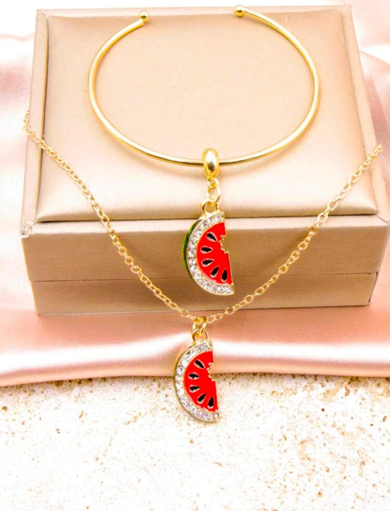 Watermelon Charm Palestine Necklace & Bracelet Set: Gold Plated Jewelry - image 3