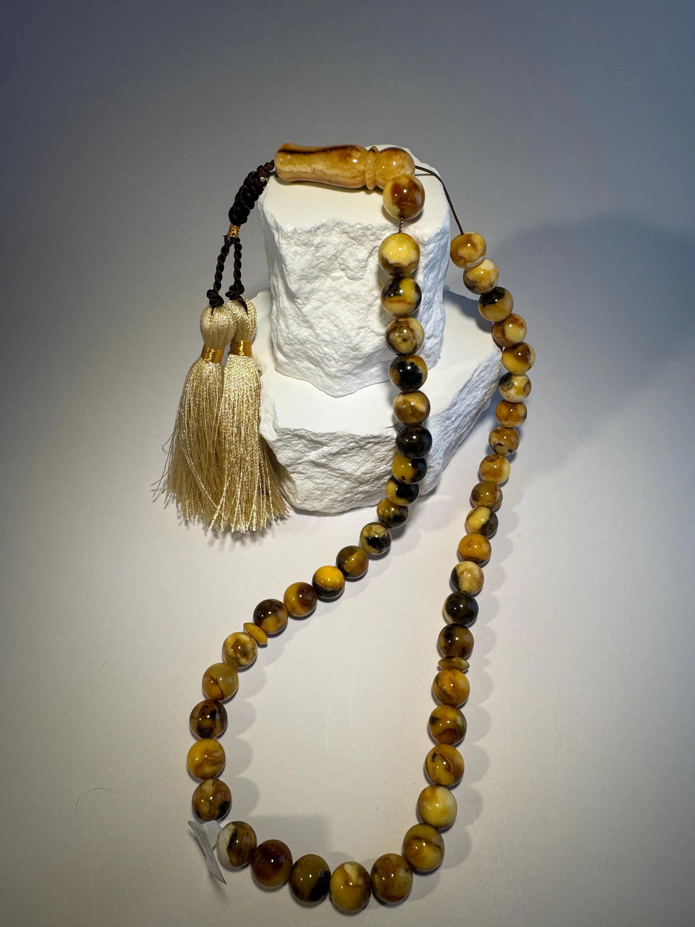 Amber prayer beads – 45 Beads Handmade Misbaha with Cream Gold Tassel - image 3