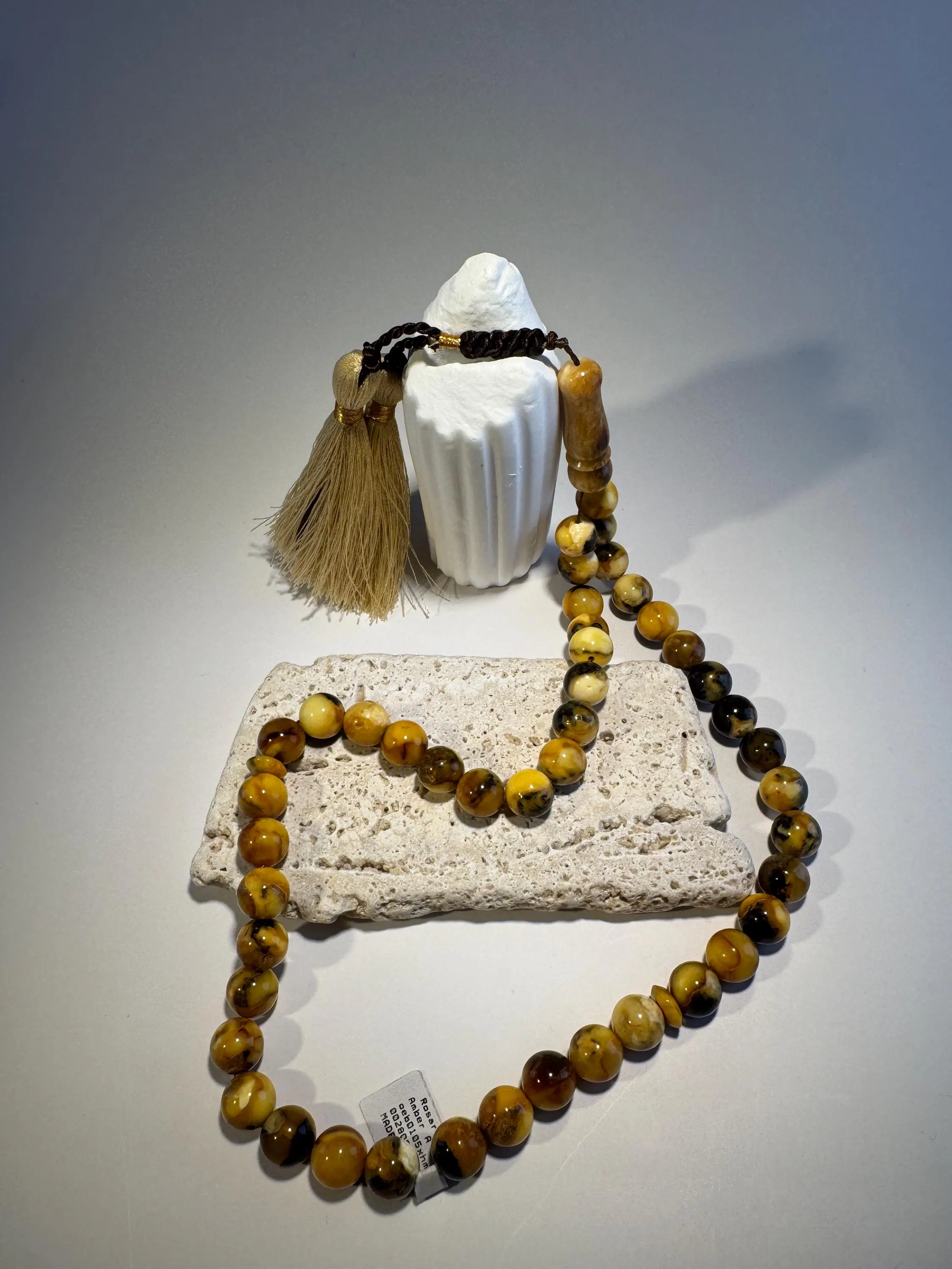 Amber prayer beads – 45 Beads Handmade Misbaha with Cream Gold Tassel - image 2
