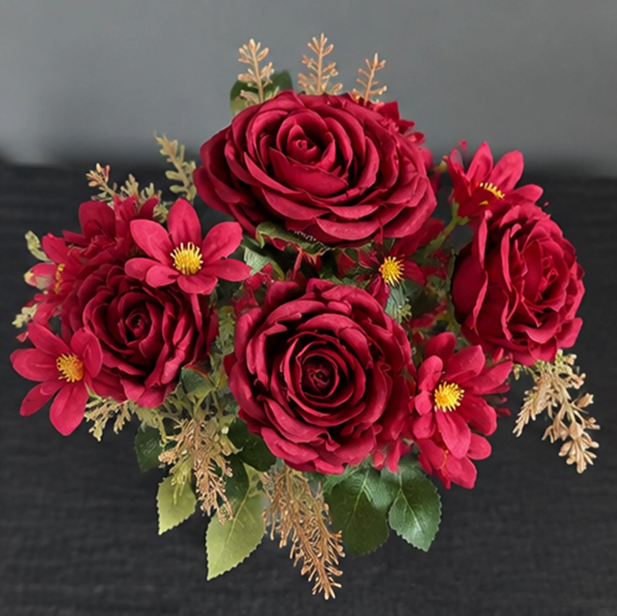 Artificial Red Rose and Mixed Floral Bouquet, Faux Burgundy Flower Arrangement Without Vase - image 4