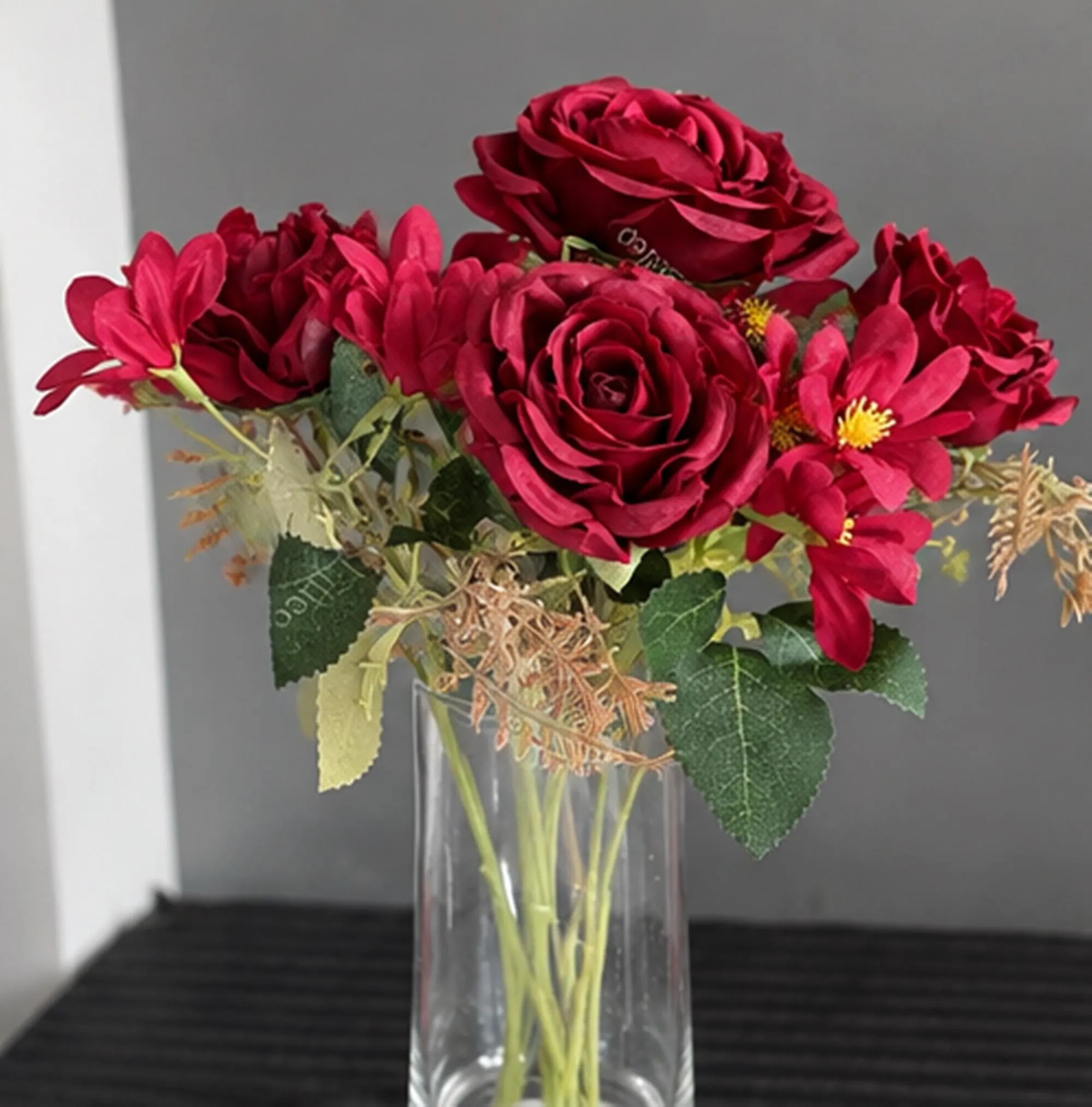 Artificial Red Rose and Mixed Floral Bouquet, Faux Burgundy Flower Arrangement Without Vase - image 5