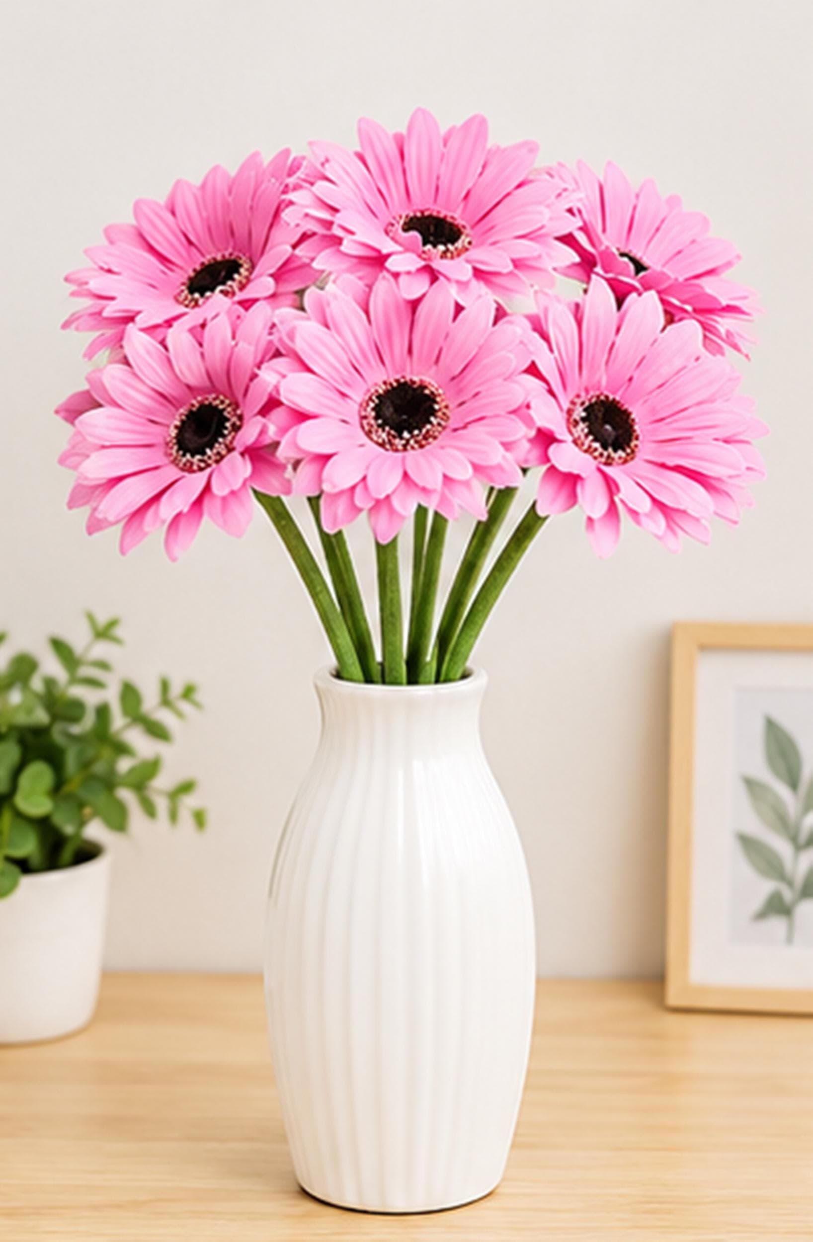 6 Stick Pink Artificial Daisy Bouquet, Silk Floral Arrangement, Fake Home Decor Bouquet - image 3