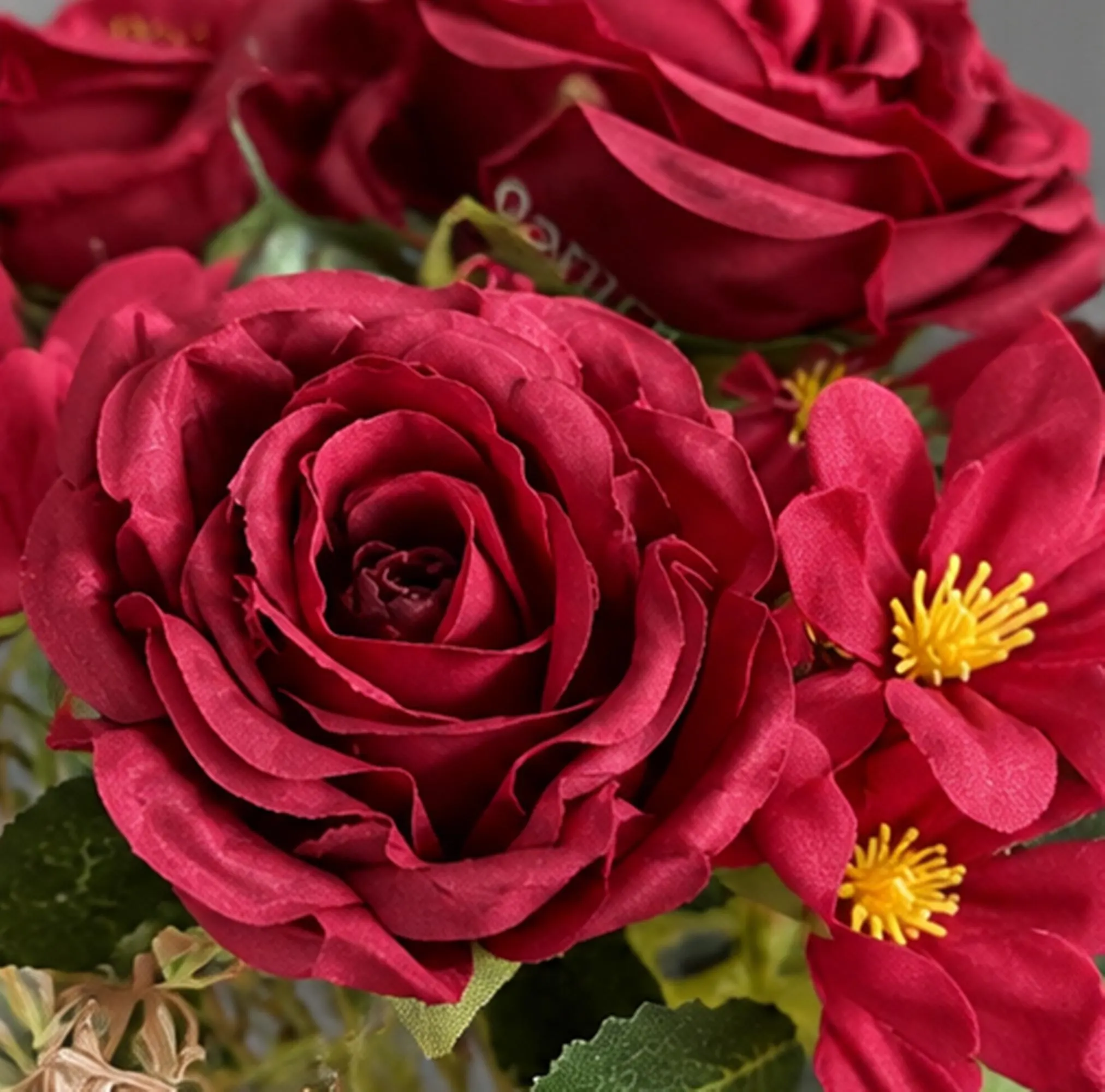 Artificial Red Rose and Mixed Floral Bouquet, Faux Burgundy Flower Arrangement Without Vase - image 3