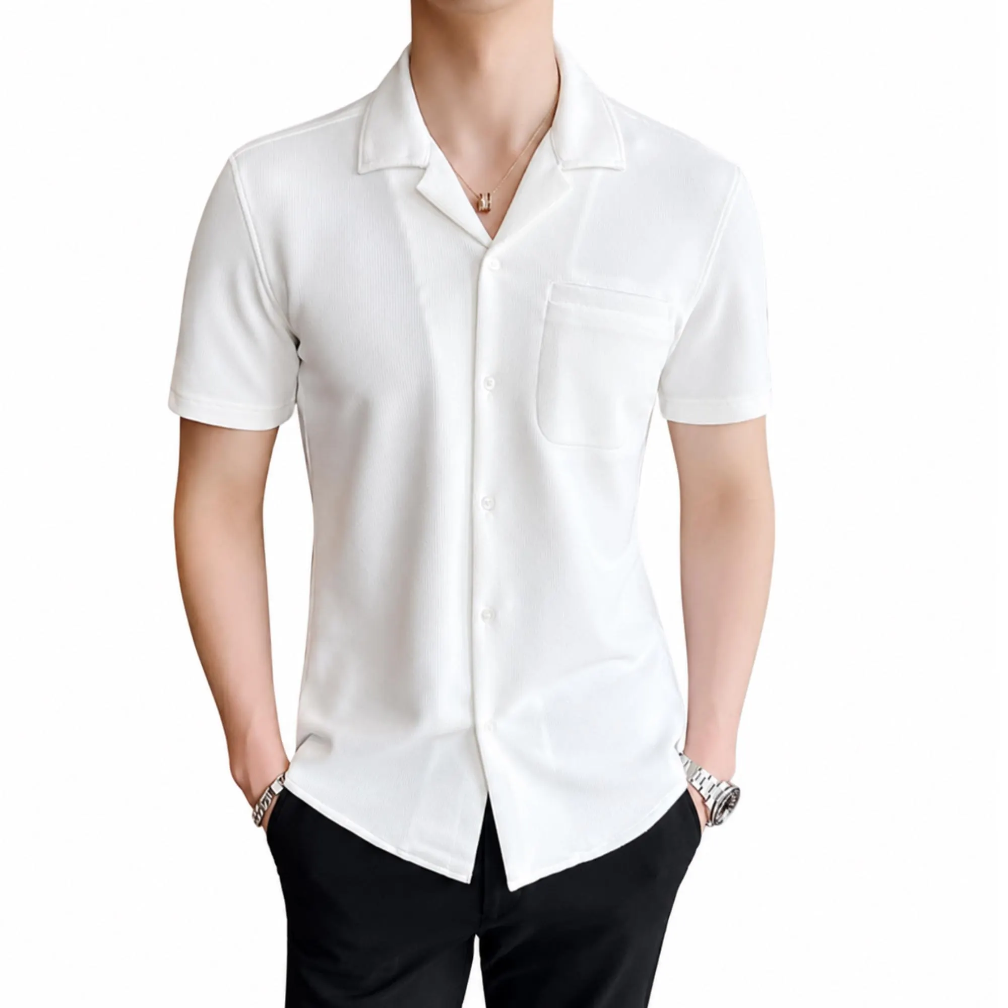 Men's Vintage Waffle Ice Silk Shirt, Lightweight Cuban Collar Summer Top - image 3