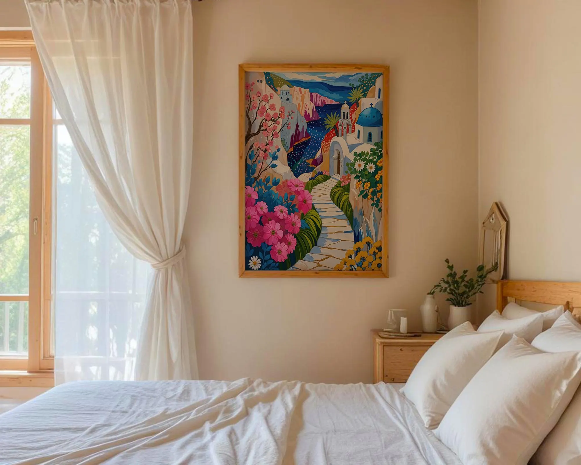 Greek Island Print – Whimsical Floral Seascape Illustration of Santorini Style | Instant download and print