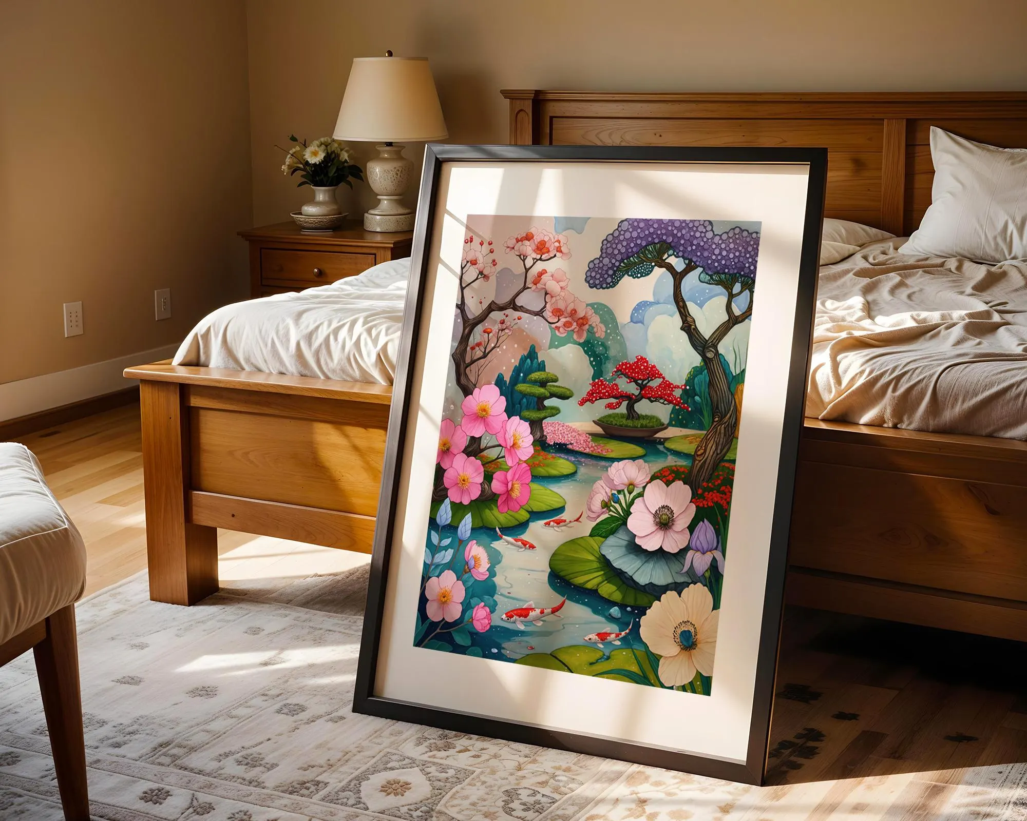 Japanese Garden Art Print – Whimsical Sakura and Koi Pond Illustration Poster | Instant printable
