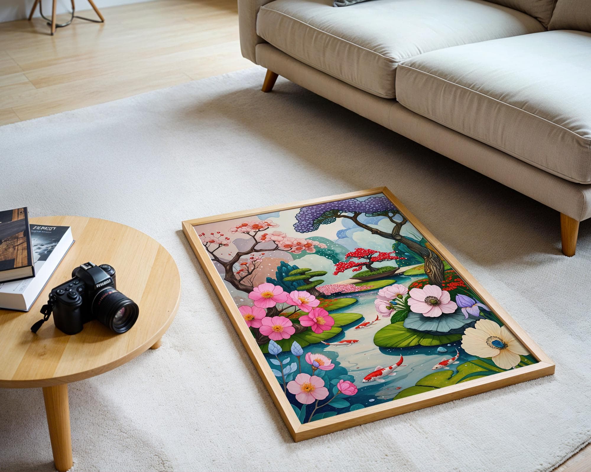 Japanese Garden Art Print – Whimsical Sakura and Koi Pond Illustration Poster | Instant printable