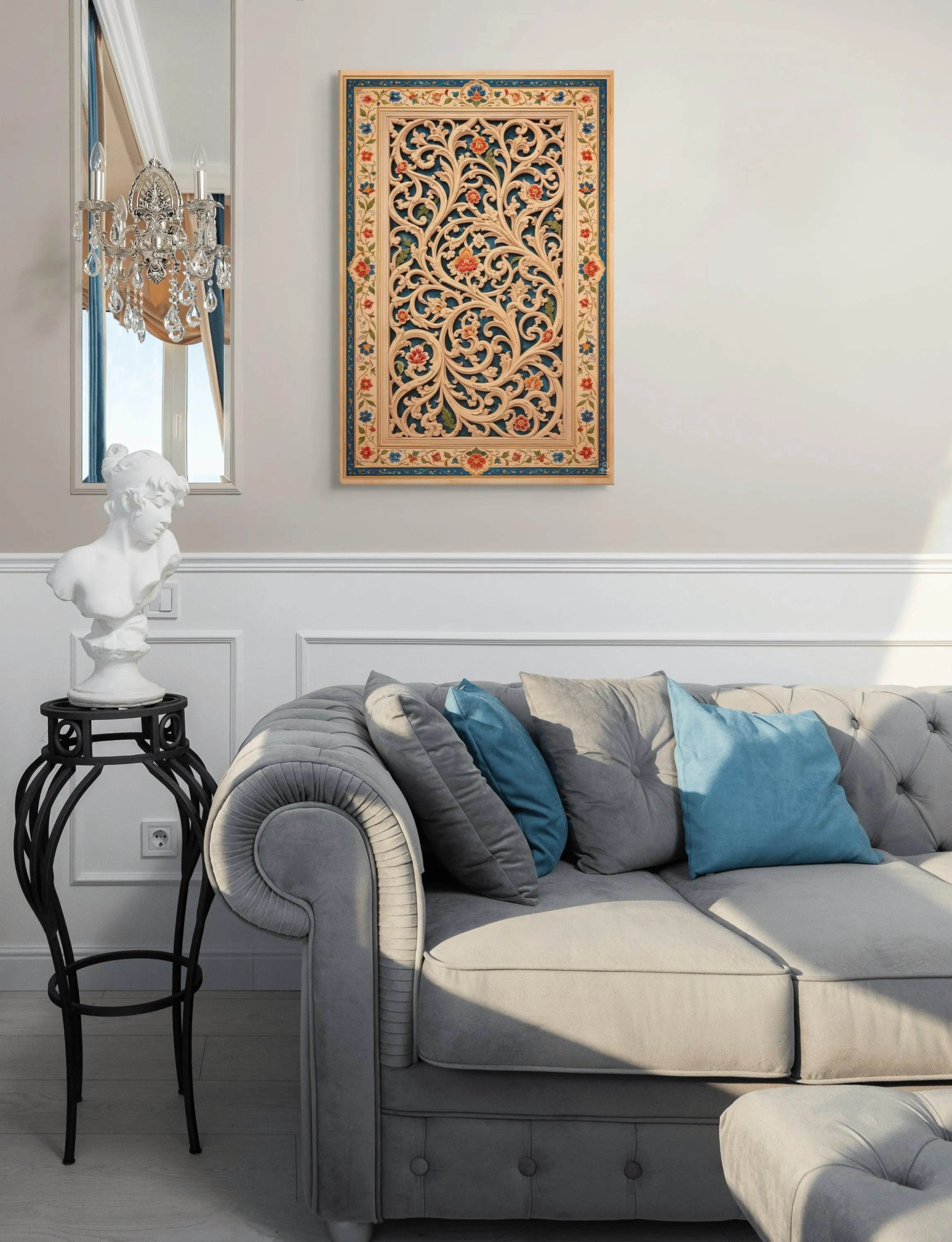 Mughal Arabesque Lattice Canvas Art, Jaali Screen Wall Decor, Blue Gold Ornate Pattern - image 5