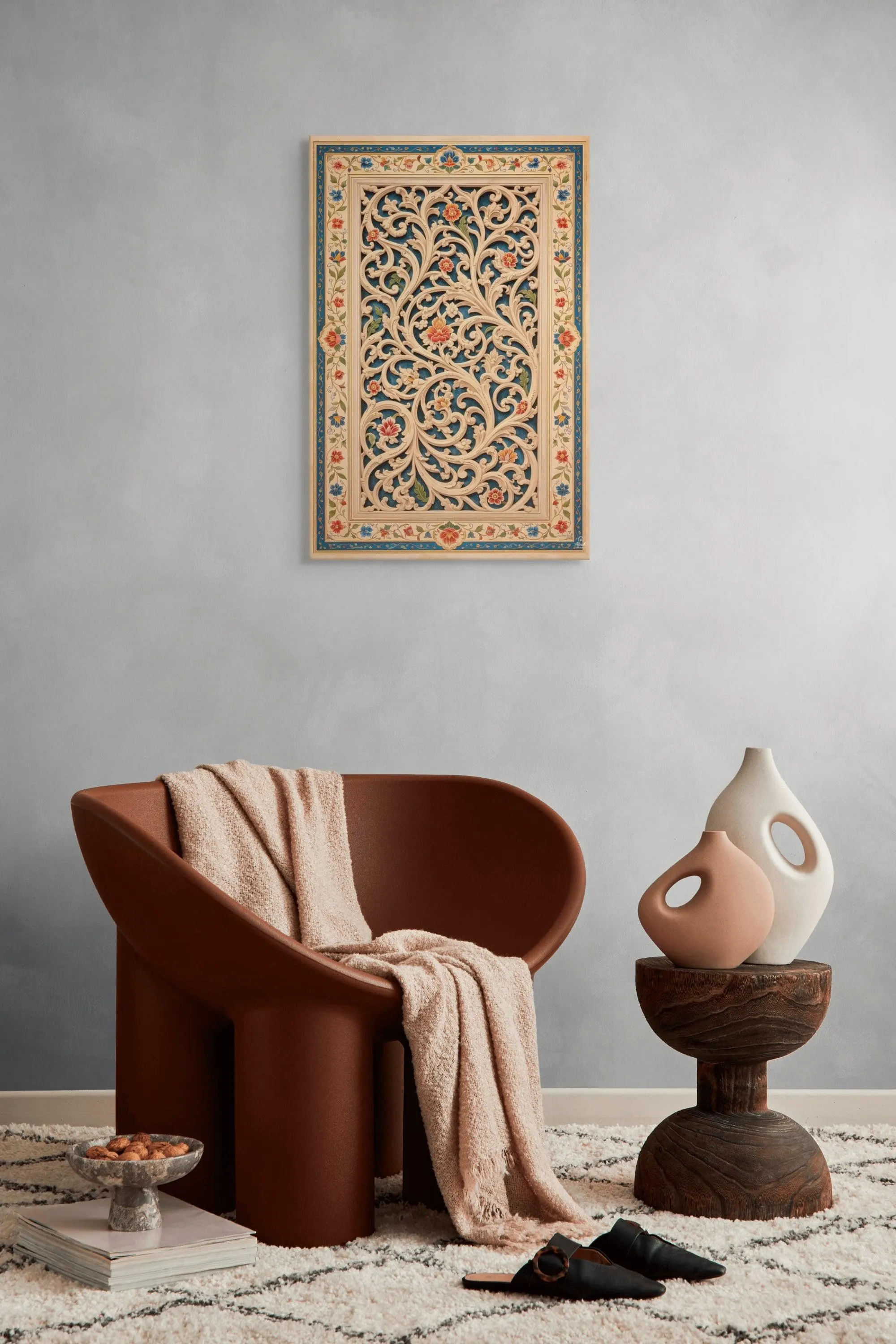 Mughal Arabesque Lattice Canvas Art, Jaali Screen Wall Decor, Blue Gold Ornate Pattern - image 3