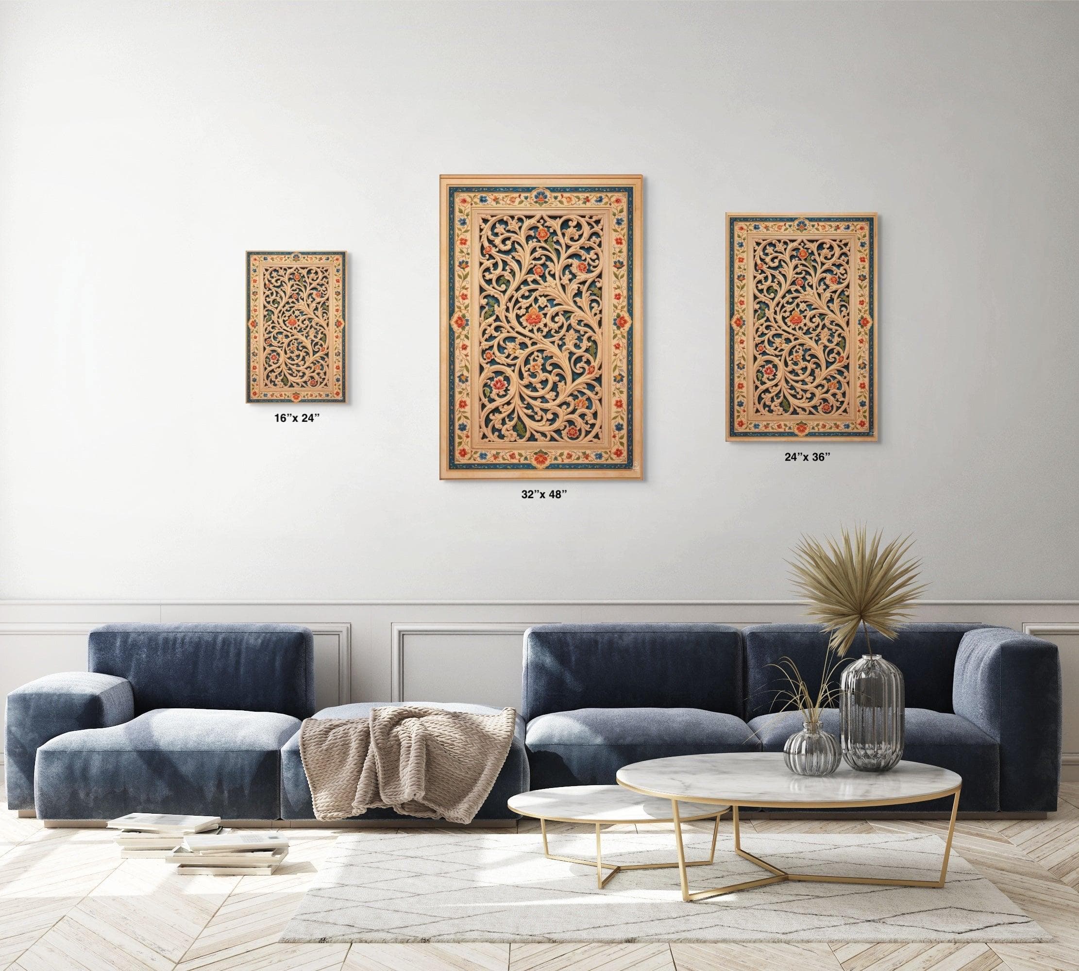 Mughal Arabesque Lattice Canvas Art, Jaali Screen Wall Decor, Blue Gold Ornate Pattern