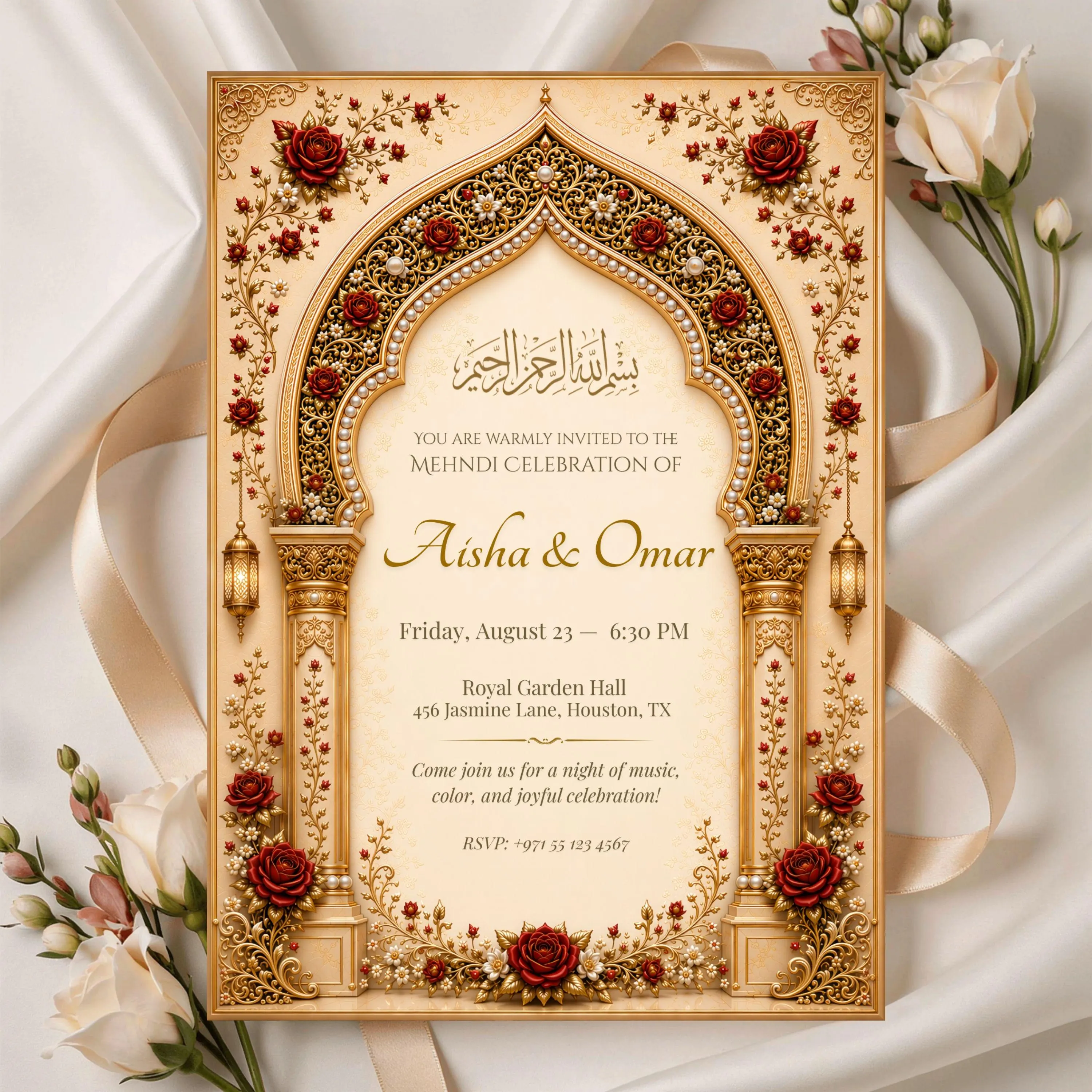 Mehndi Invitation, Luxury Islamic Wedding Invite, Ornate Gold Arch, Editable Canva Template