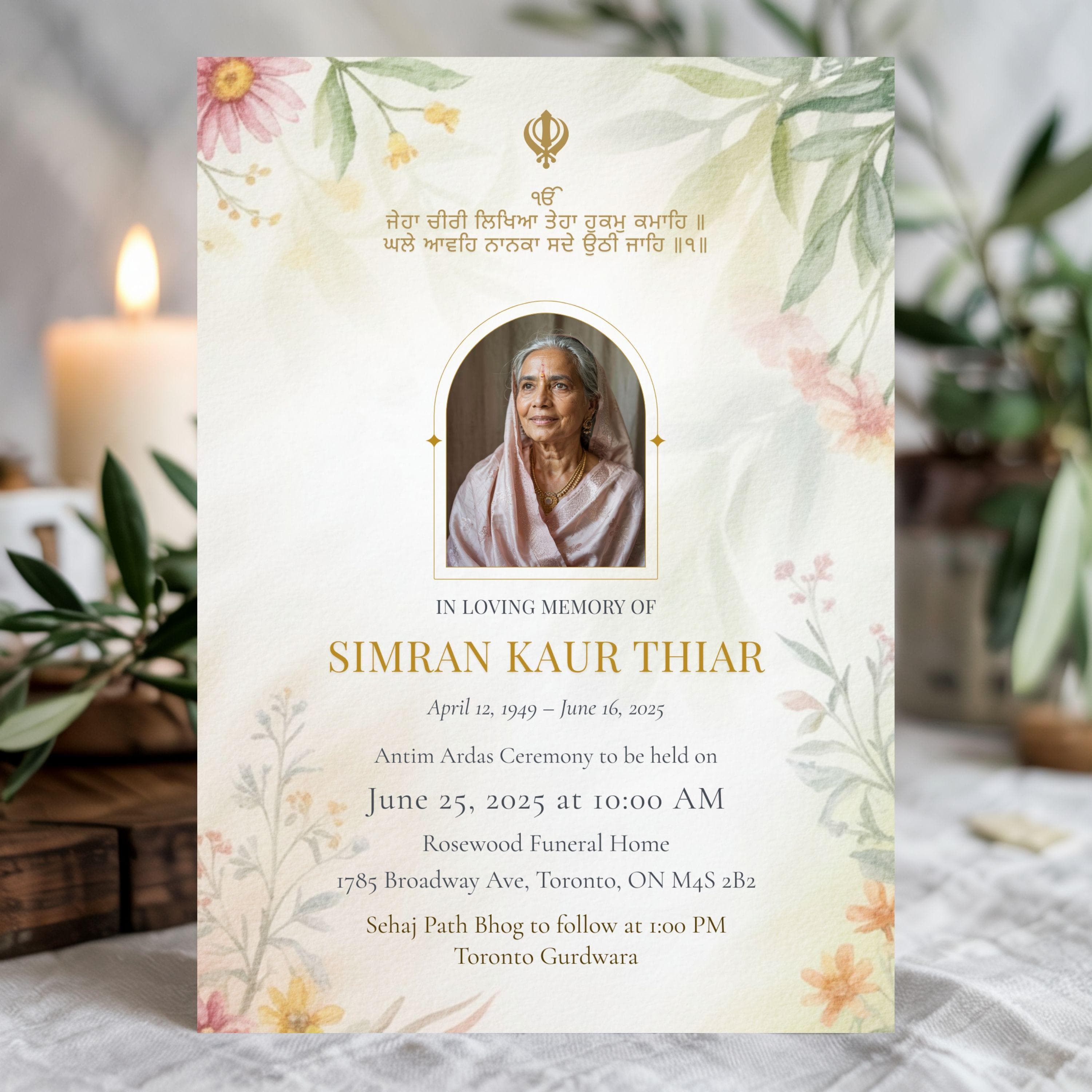 Sikh Memorial Invitation Template, Antim Ardas, Sehaj Path Bhog (Canva Editable Design)