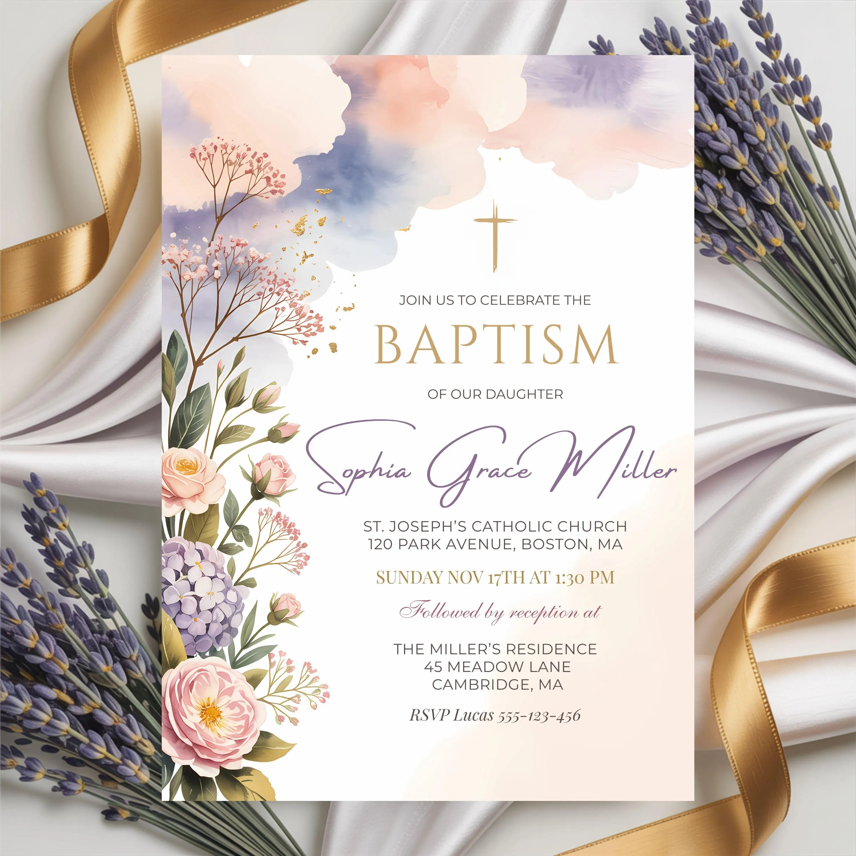 Girl Baptism Invitation: Watercolor Floral, Gold Cross, Editable Canva Christening Template (Digital Download)