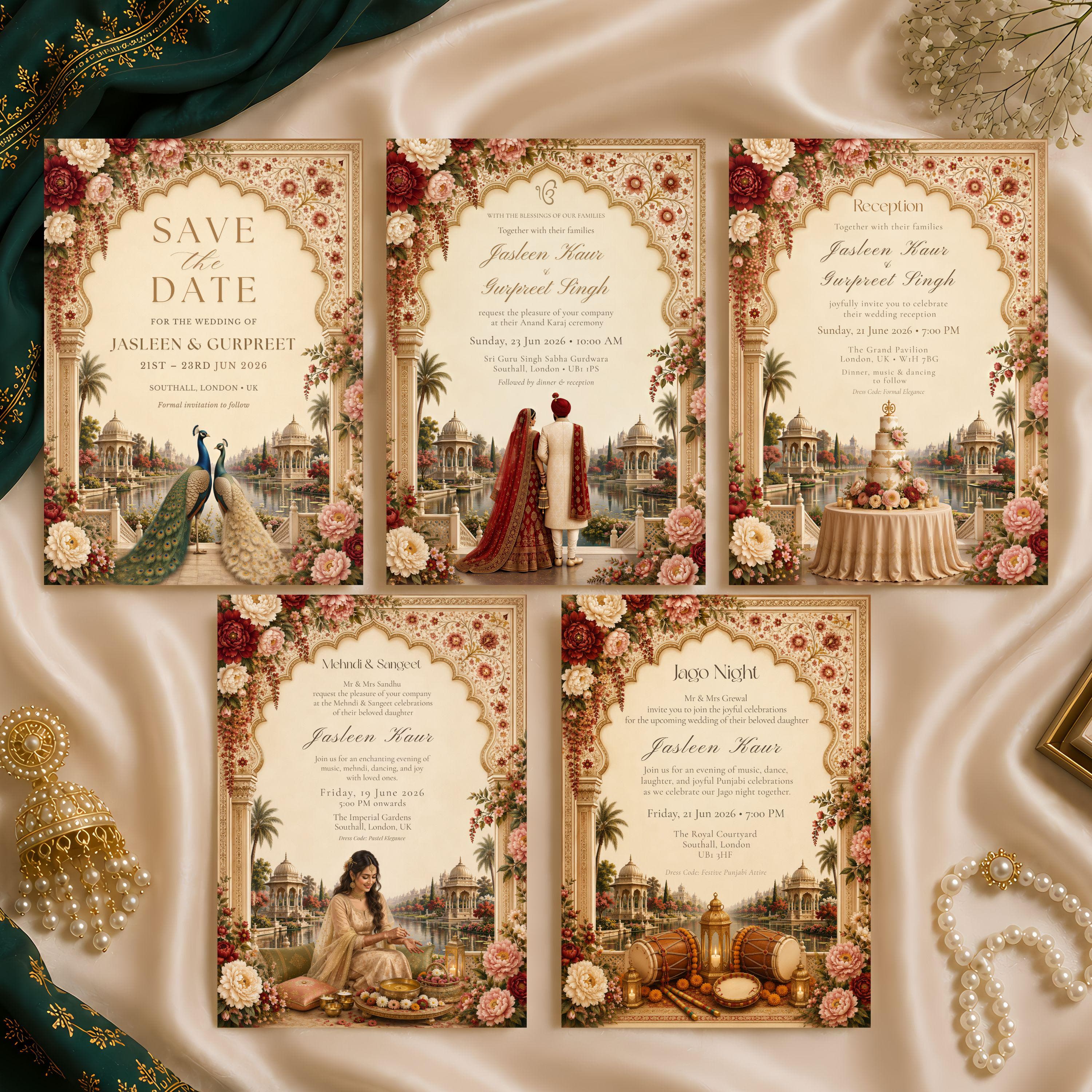 Sikh Wedding Invitation Set, Anand Karaj, Save the Date, Mehndi, Jago Night, Reception, Canva Template