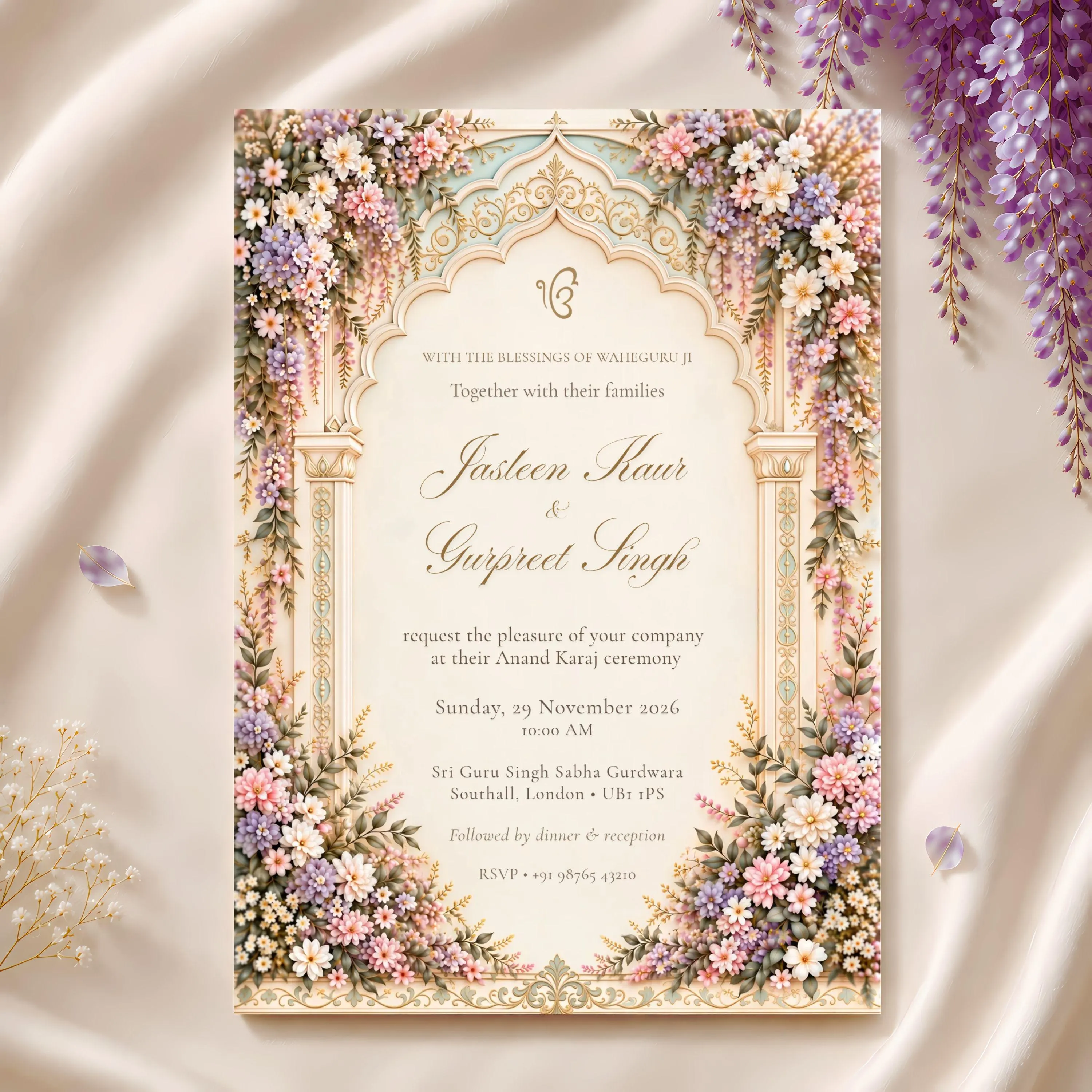 Luxury floral Anand Karaj invitation with an intricate champagne gold arch, cascading pink and lavender blossoms and elegant calligraphy, displayed on soft ivory fabric with purple wisteria flowers.