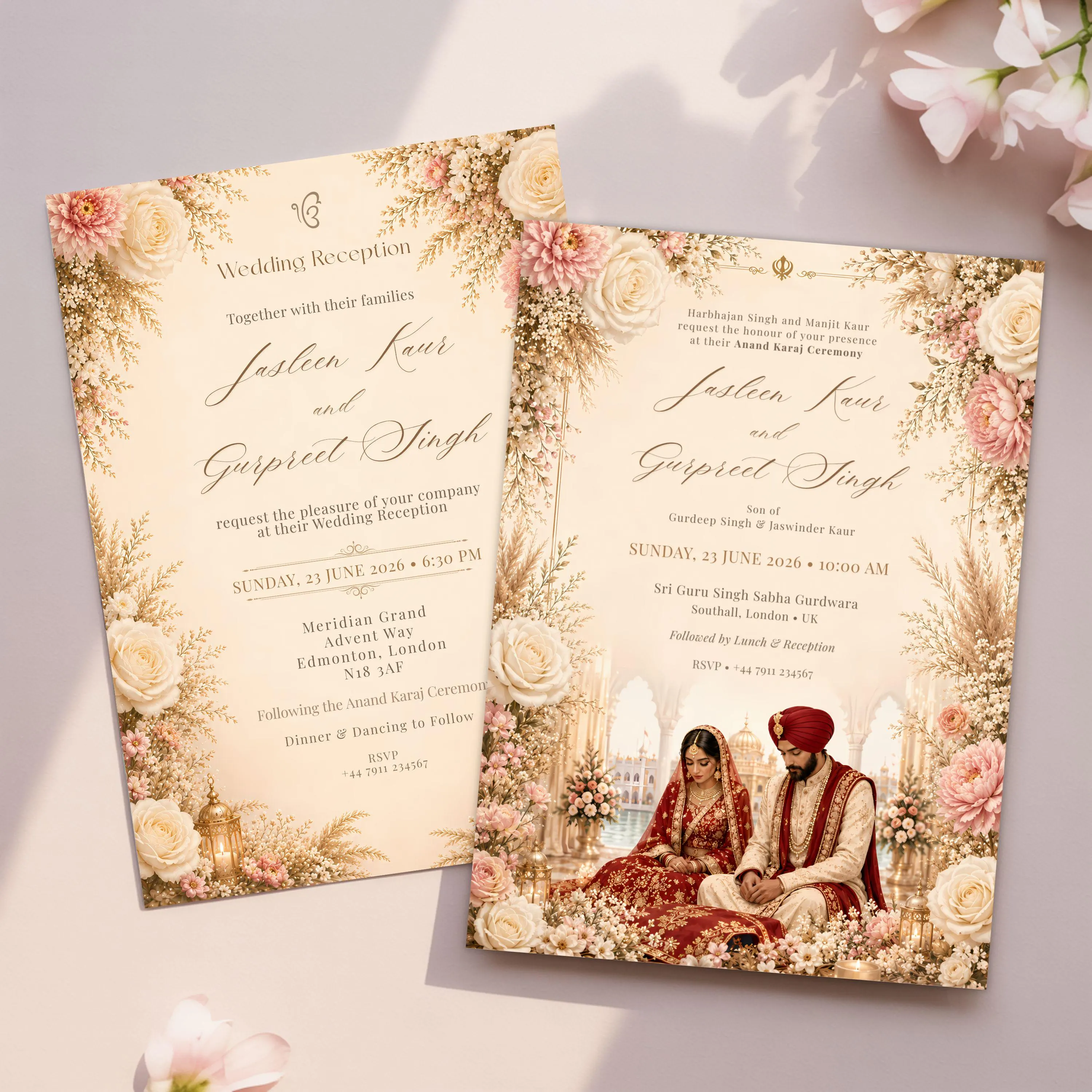 Sikh Wedding Invitation Suite, Anand Karaj & Reception Template, Blush Floral Punjabi Wedding Card