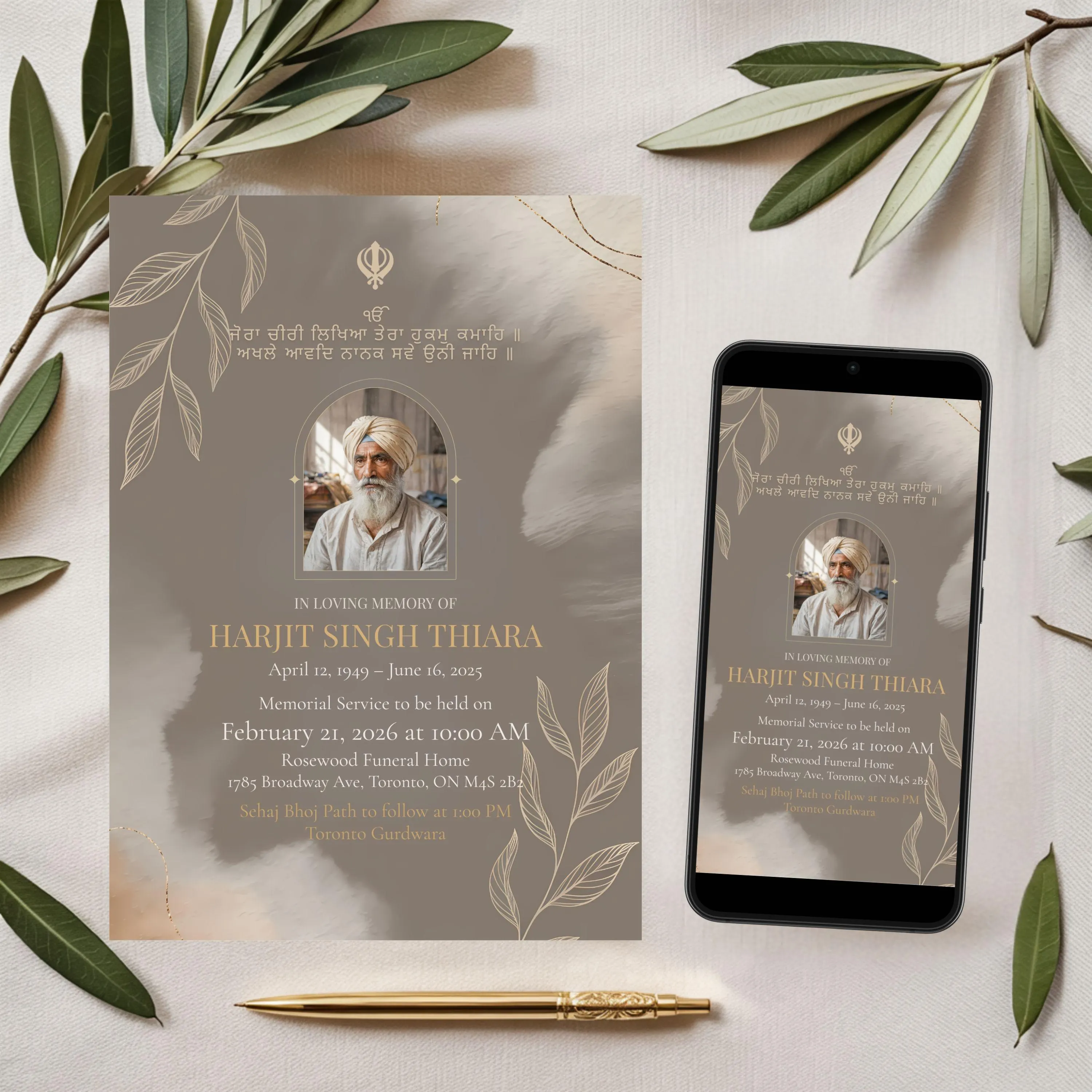 Memorial poster shown alongside a smartphone display, demonstrating both printed and digital presentation in a clean and minimal setup.
