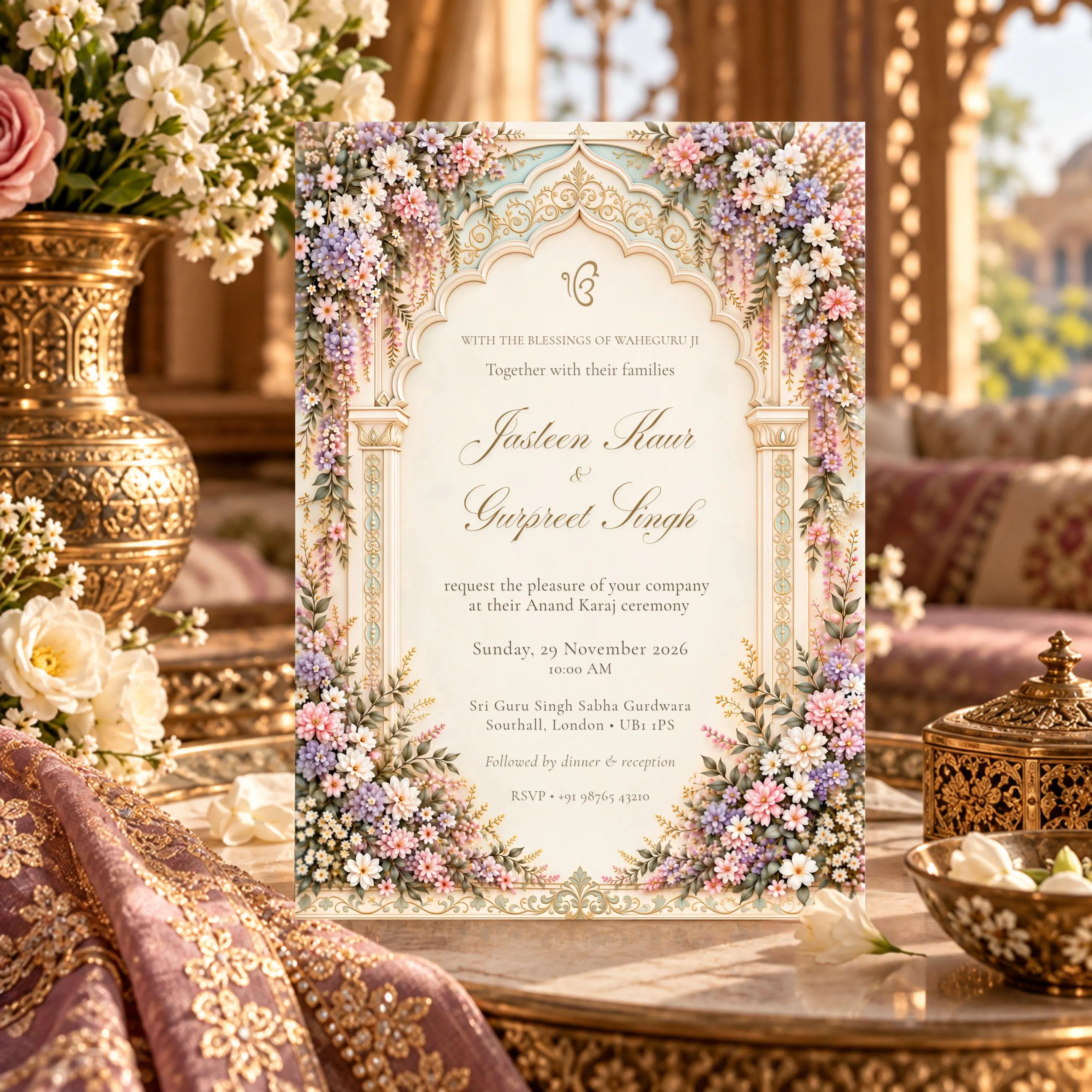 Luxury Sikh Anand Karaj wedding invitation featuring an ornate ivory and champagne gold palace arch, pastel pink and lavender flowers, displayed in an elegant Indian-inspired interior with gold decor.