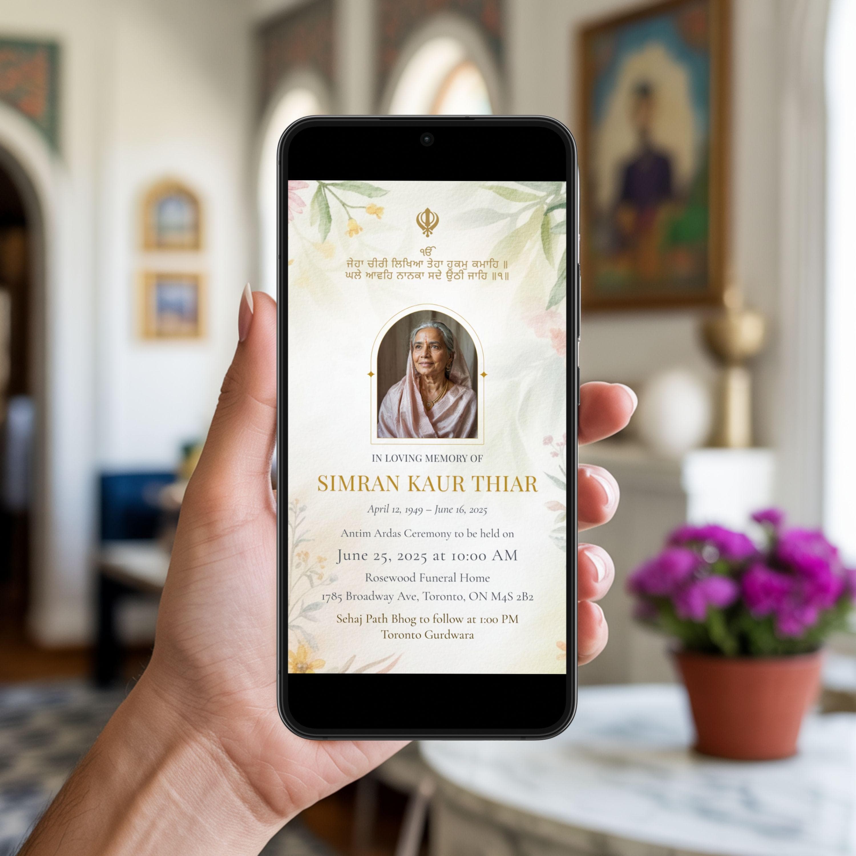 Digital Sikh memorial invitation shown on smartphone, editable Canva template for sharing remembrance invitation online