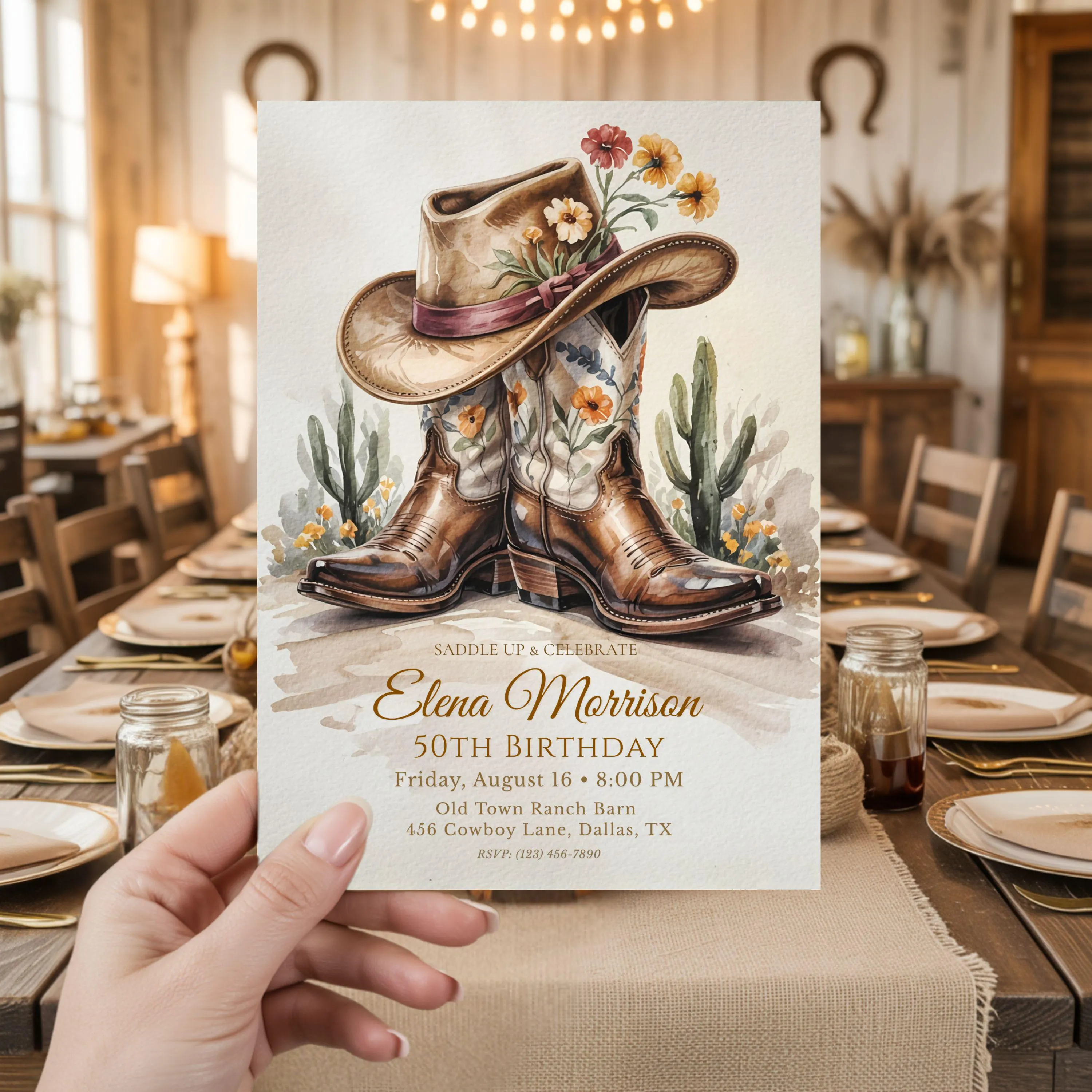 Cowgirl birthday party invitation with editable age shown in hand at western venue.