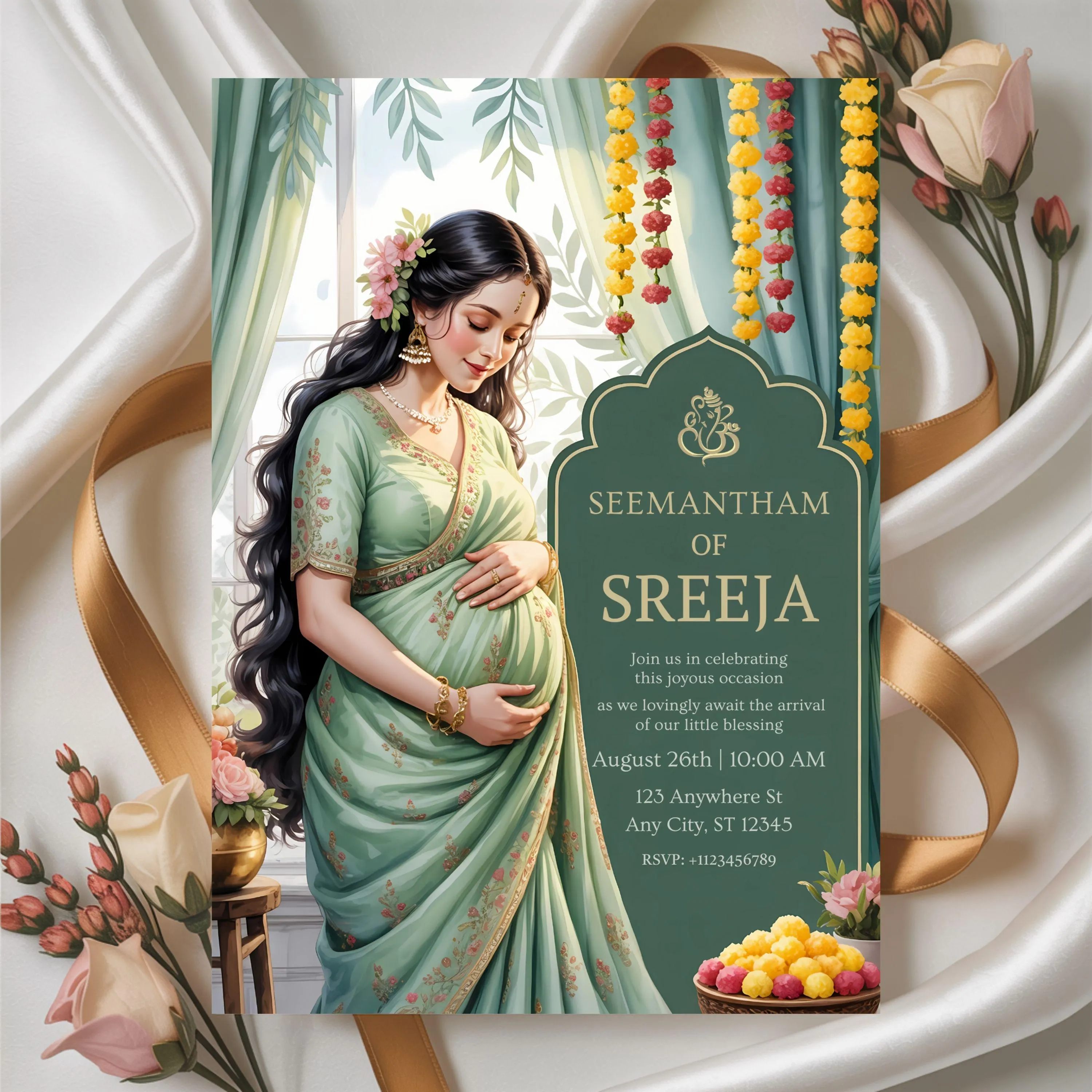 Seemantham Invitation Template: Elegant Indian Baby Shower Card, Editable Canva (Instant Digital Download)