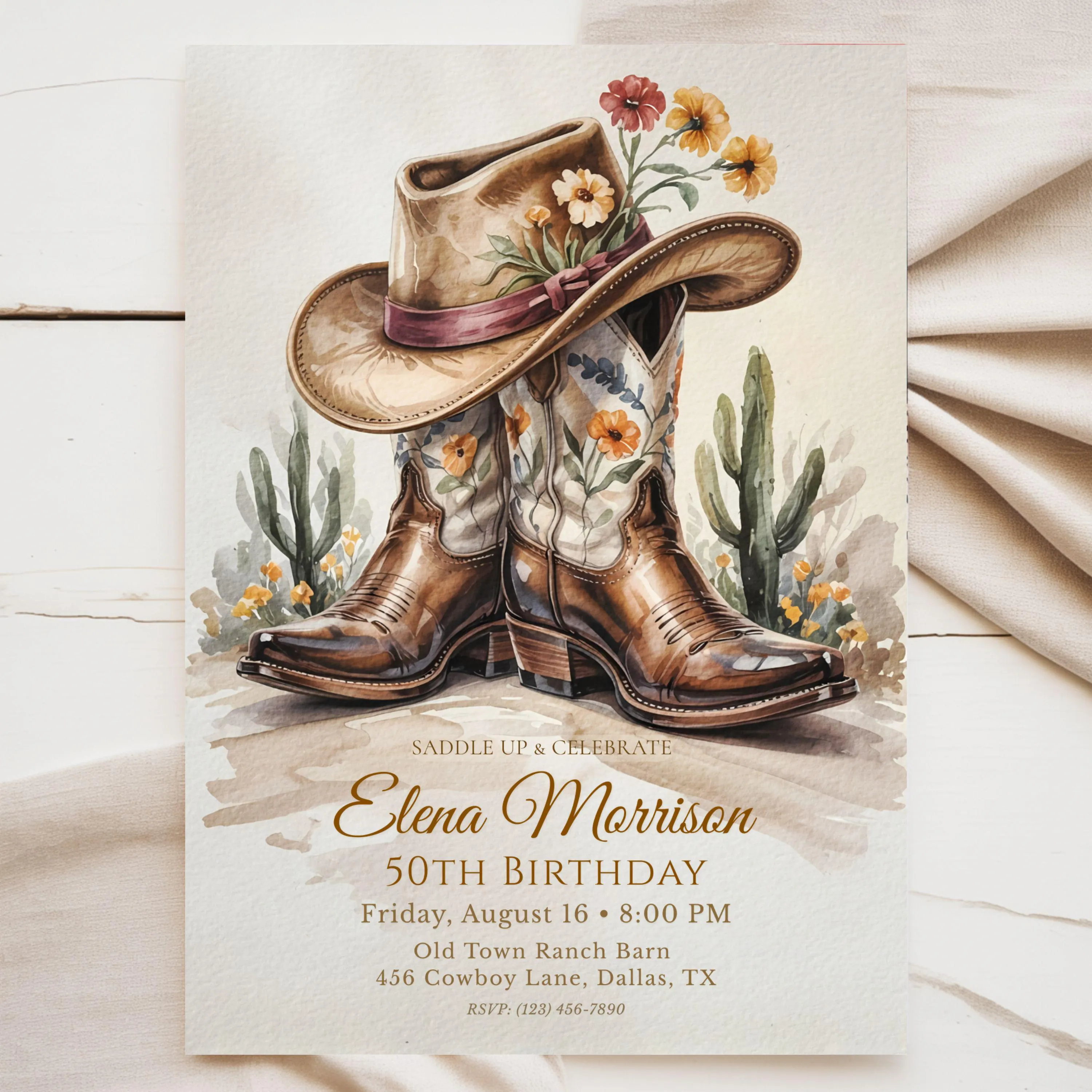 Western birthday invitation template with editable age, cowboy boots and floral cowgirl hat design.