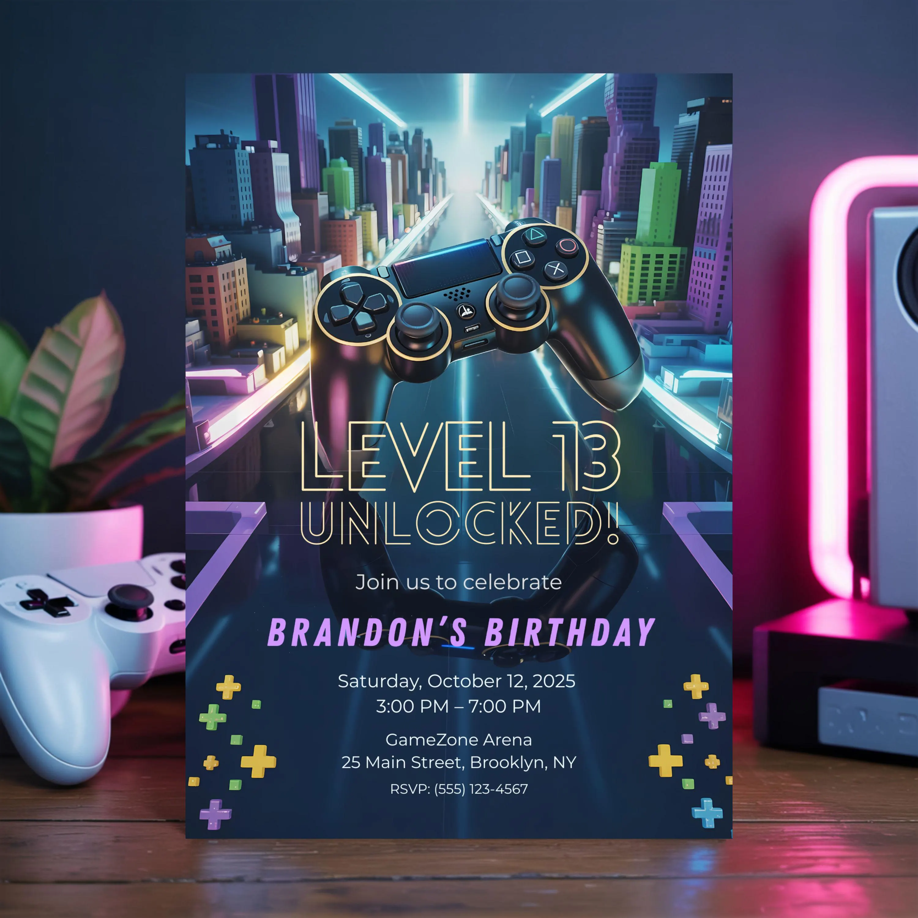 Gamer Birthday Invitation, Level Unlocked Video Game Party Invite, Neon Gaming Canva Template