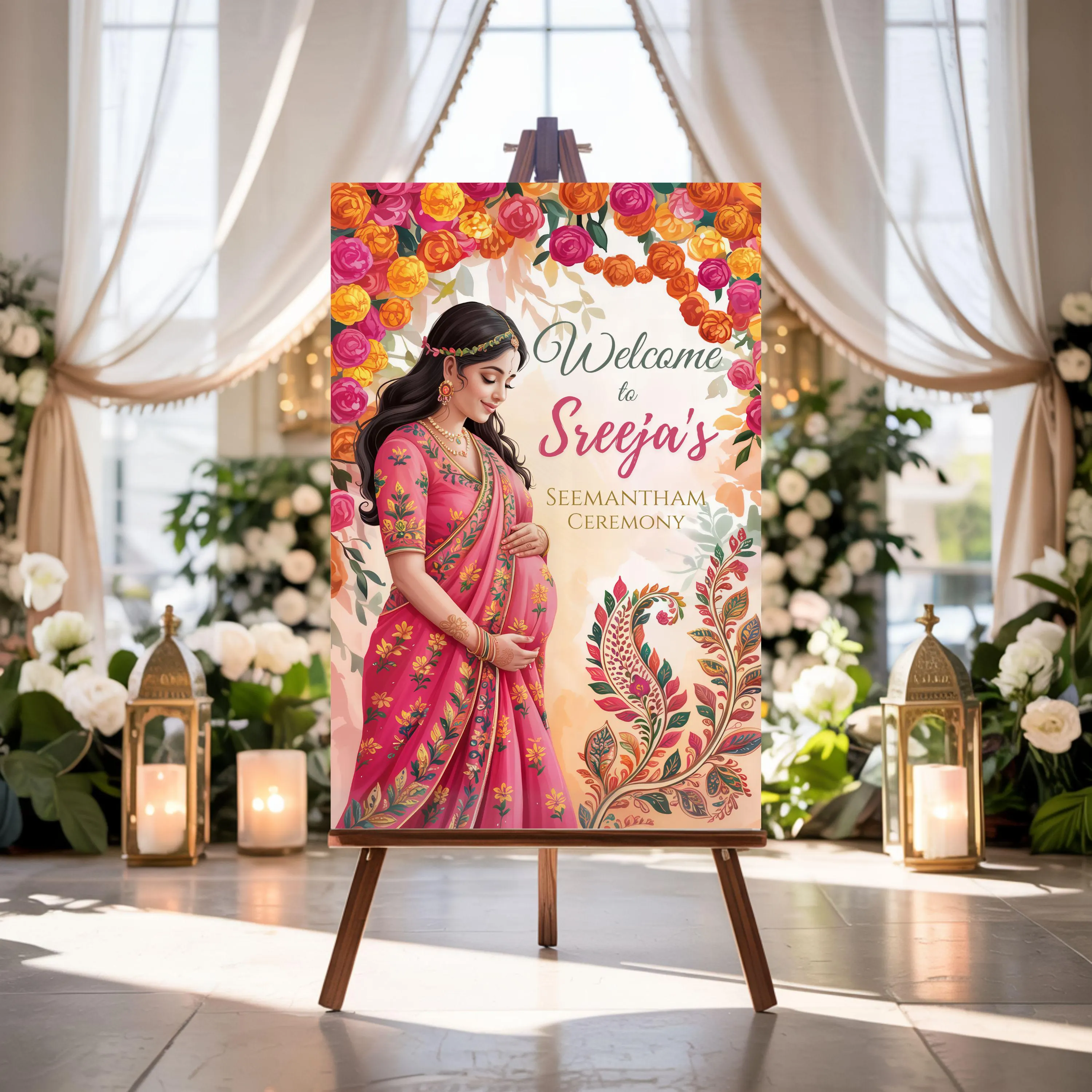 Elegant Seemantham ceremony welcome sign in decorated event hall, Indian baby shower floral welcome board with soft lighting