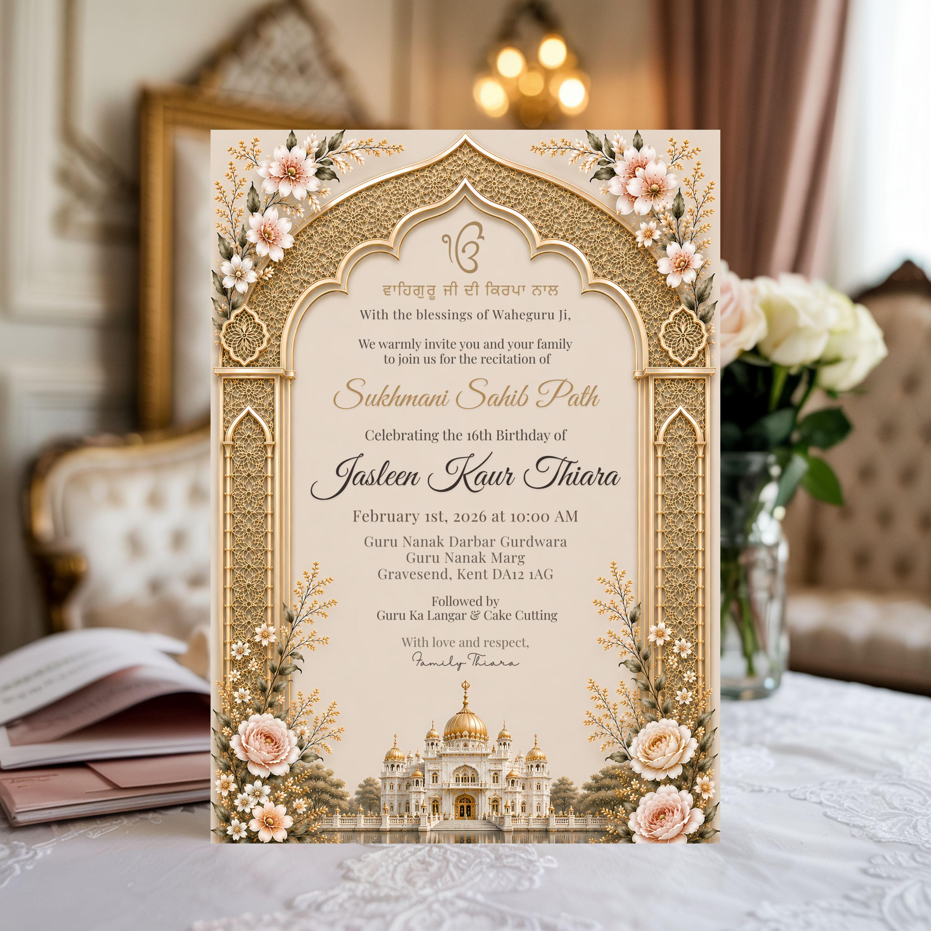 Premium Sikh Sukhmani Sahib Path invitation shown in an upscale luxury interior with soft lighting and roses.