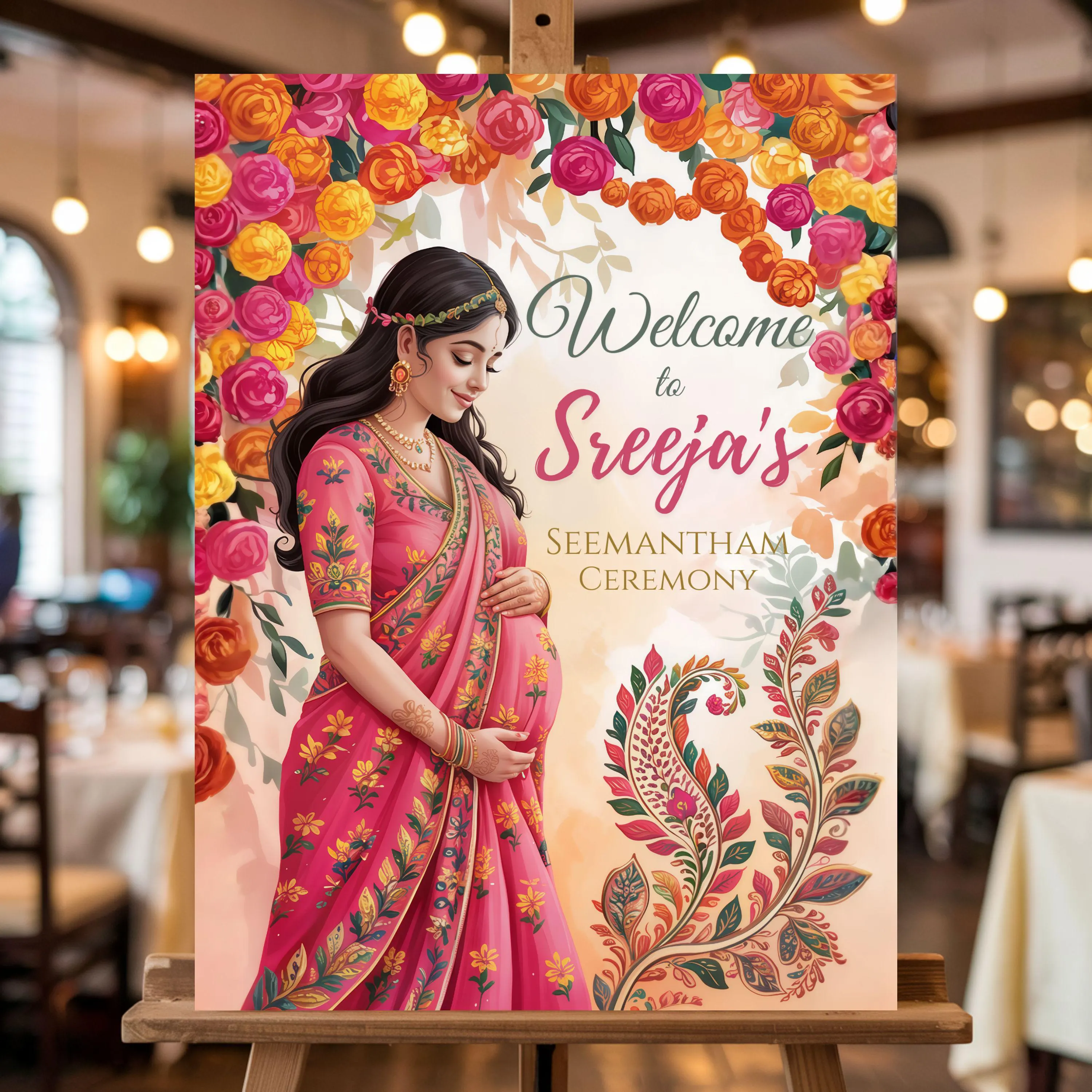 Seemantham ceremony welcome sign on easel inside restaurant venue, Indian baby shower floral poster with elegant lighting