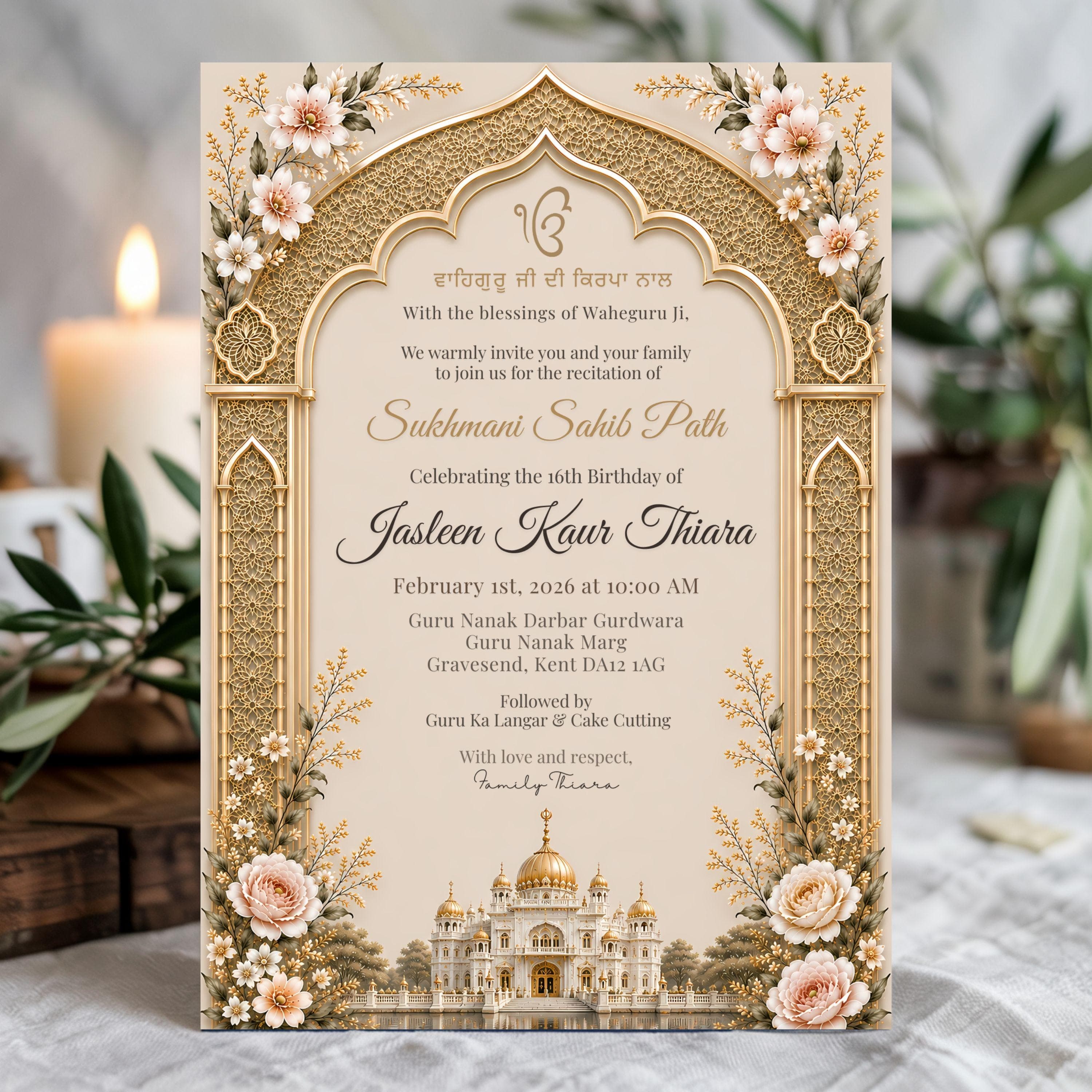 Elegant Sikh birthday invitation with gold Mughal arch displayed in a warm spiritual interior with candle and greenery.