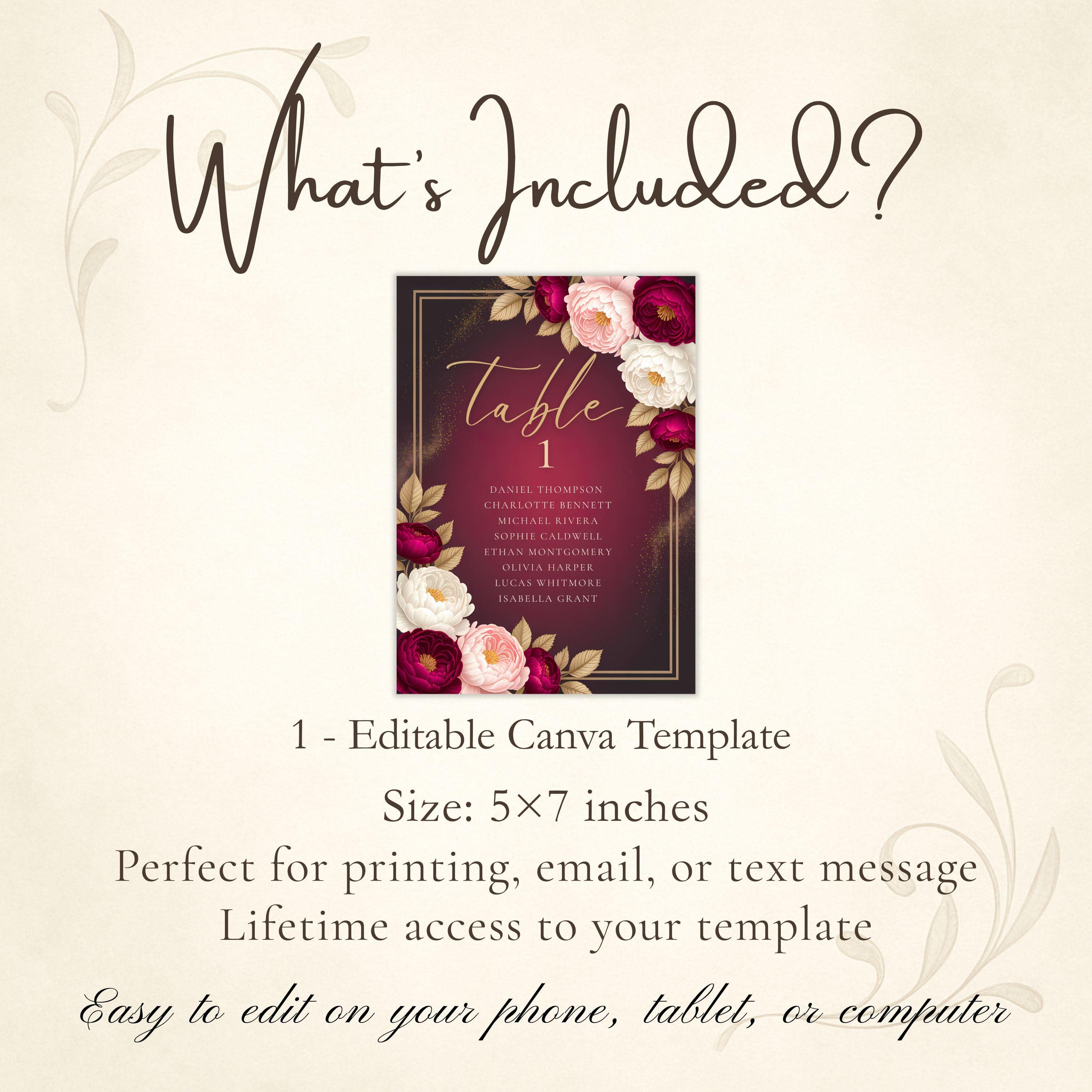 Luxury Floral Birthday Seating Chart: Burgundy & Gold Peony Table Cards Set (5x7 Canva Template) - image 5