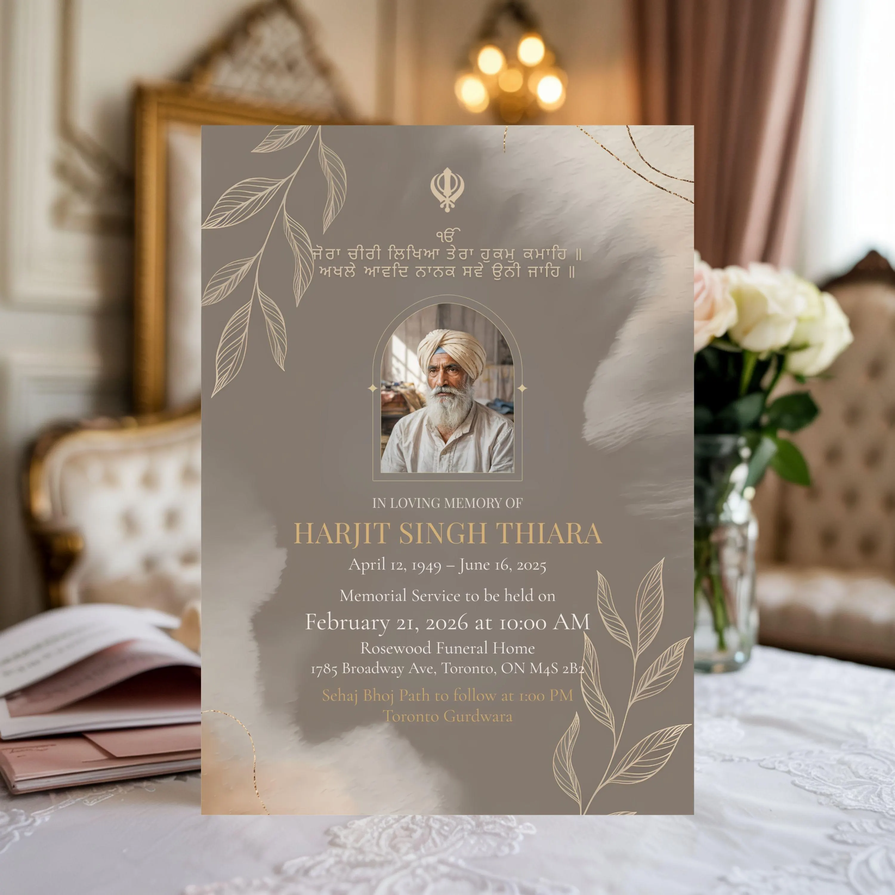 Memorial poster presented in a classic interior with soft lighting, floral decor, and refined neutral tones.