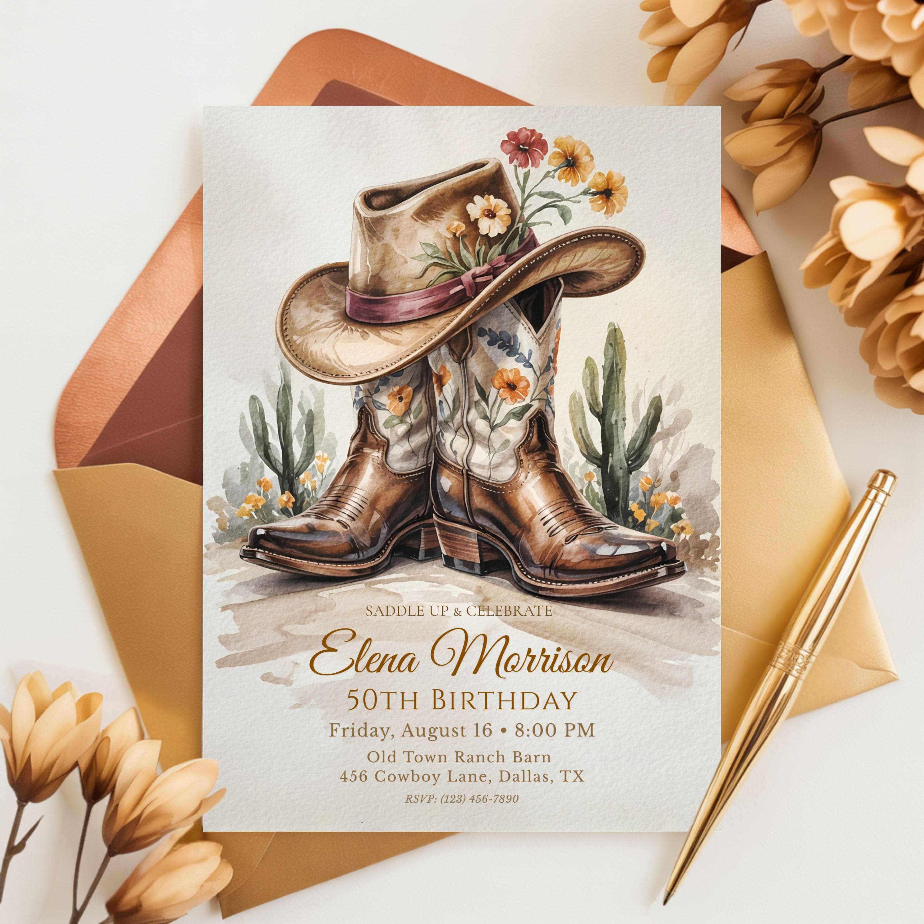 Editable Canva western birthday invitation template with cowboy boots and envelope mockup.