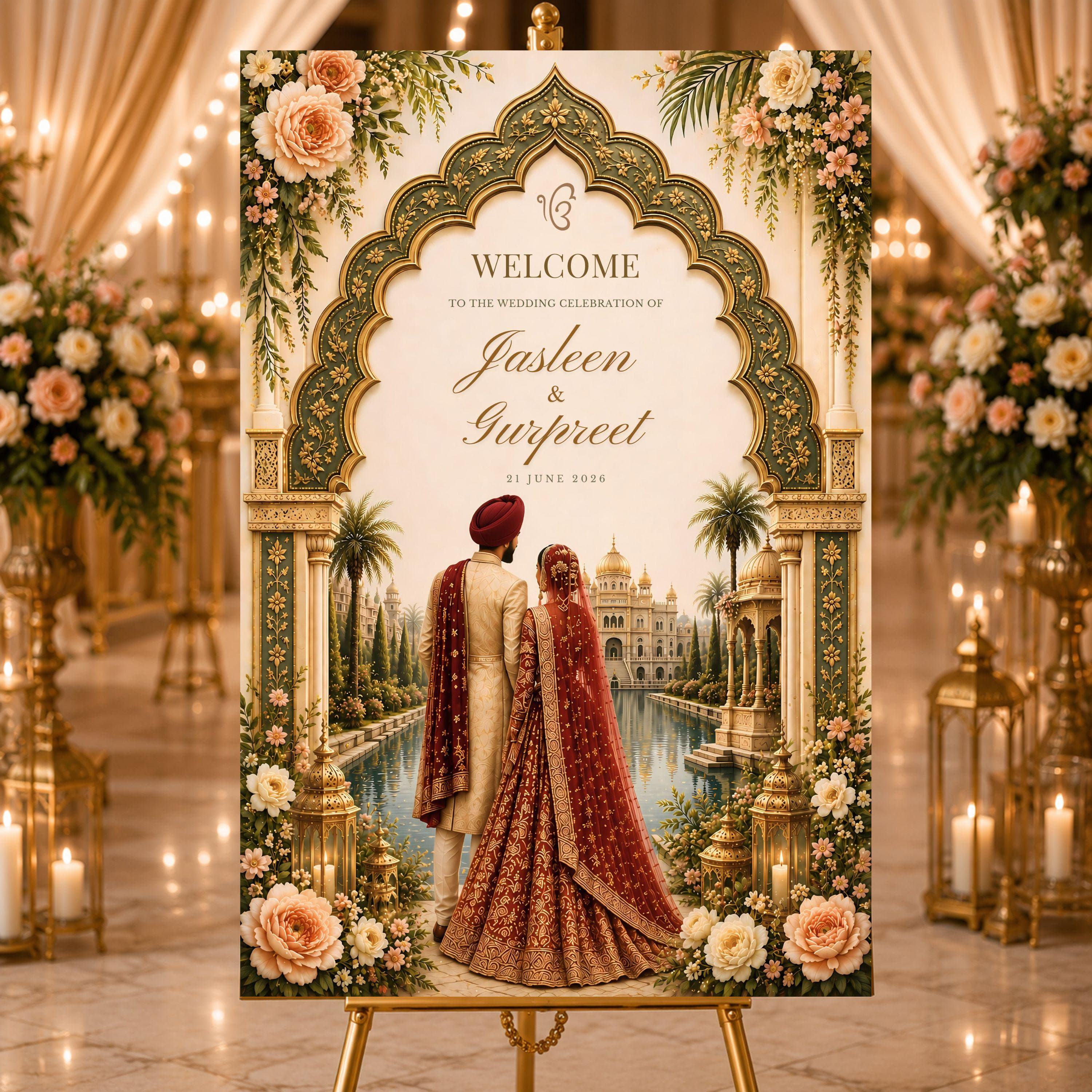Sikh Wedding Welcome Sign, Luxury Indian Wedding Decor, Editable Canva Template