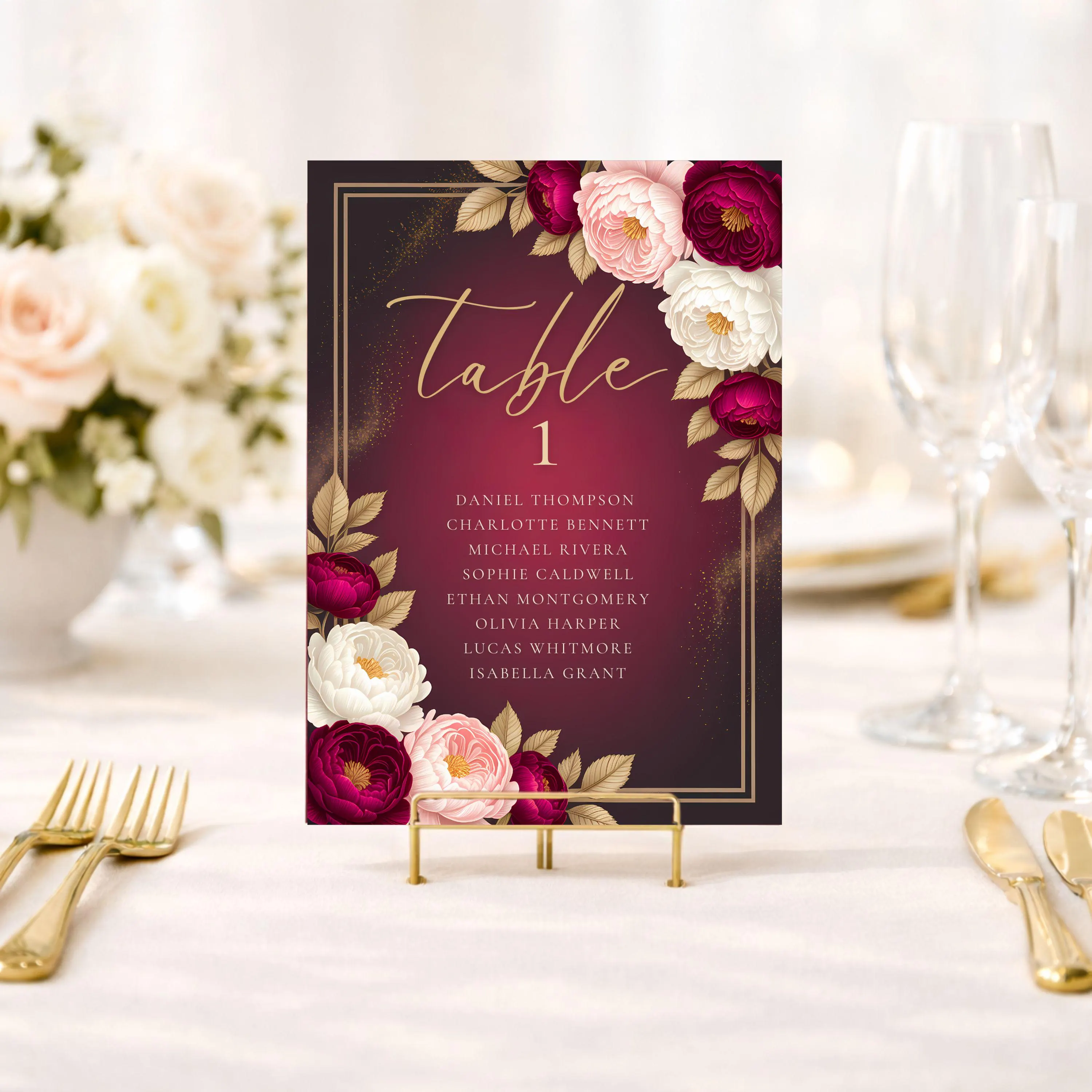 Luxury Floral Birthday Seating Chart: Burgundy & Gold Peony Table Cards Set (5x7 Canva Template)