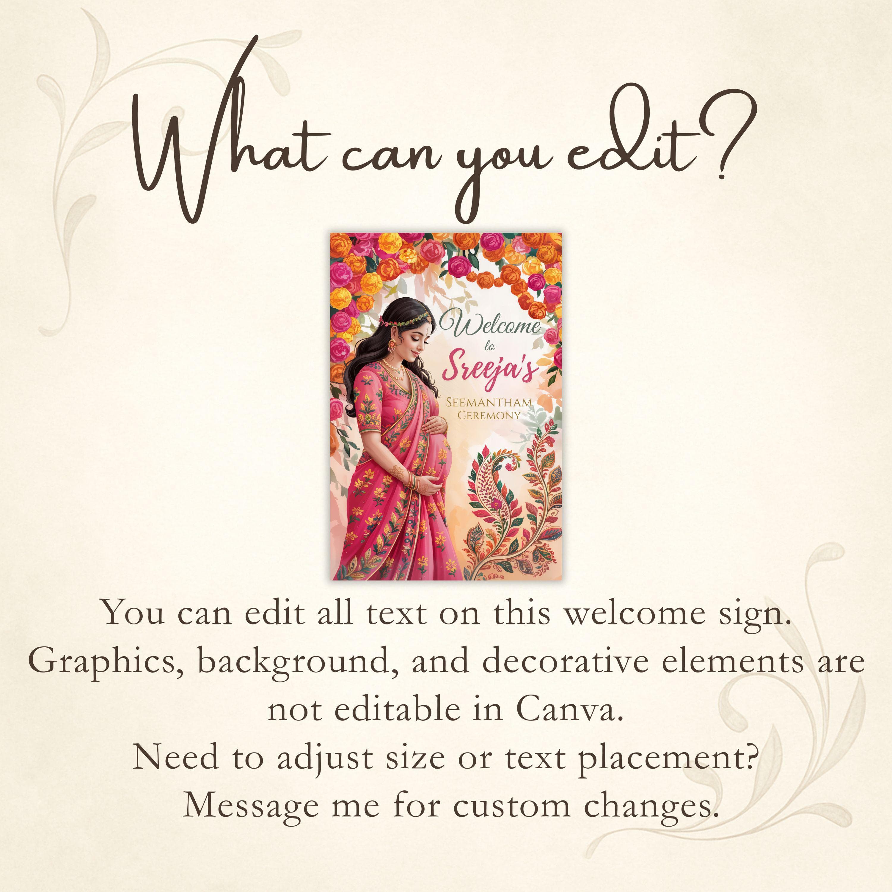Luxury Seemantham Welcome Sign, Indian Baby Shower Floral Welcome Poster (24x36", 18x24" Canva Template) - image 2