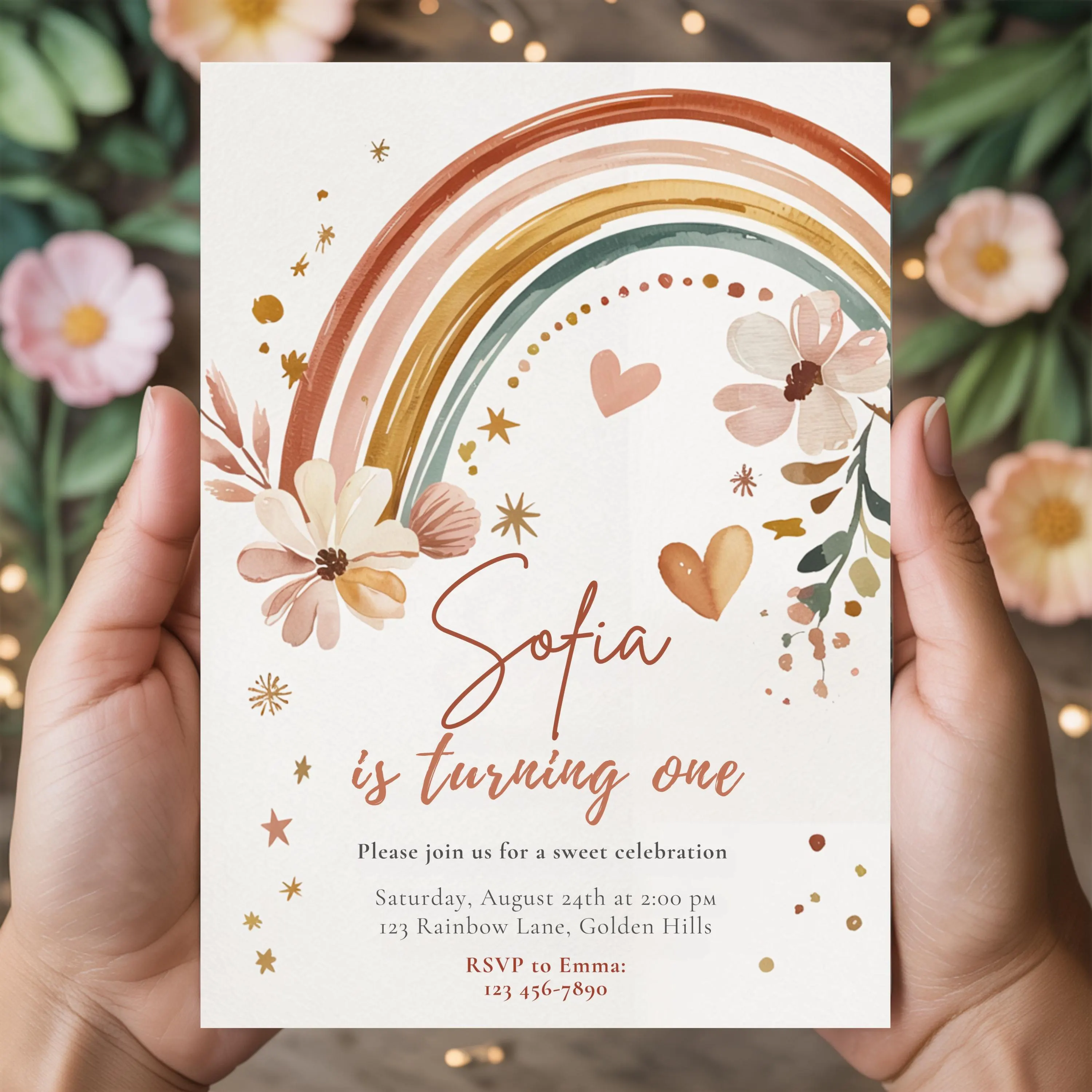 Boho Rainbow 1st Birthday Invitation: Editable Floral Canva Template (Digital Download)