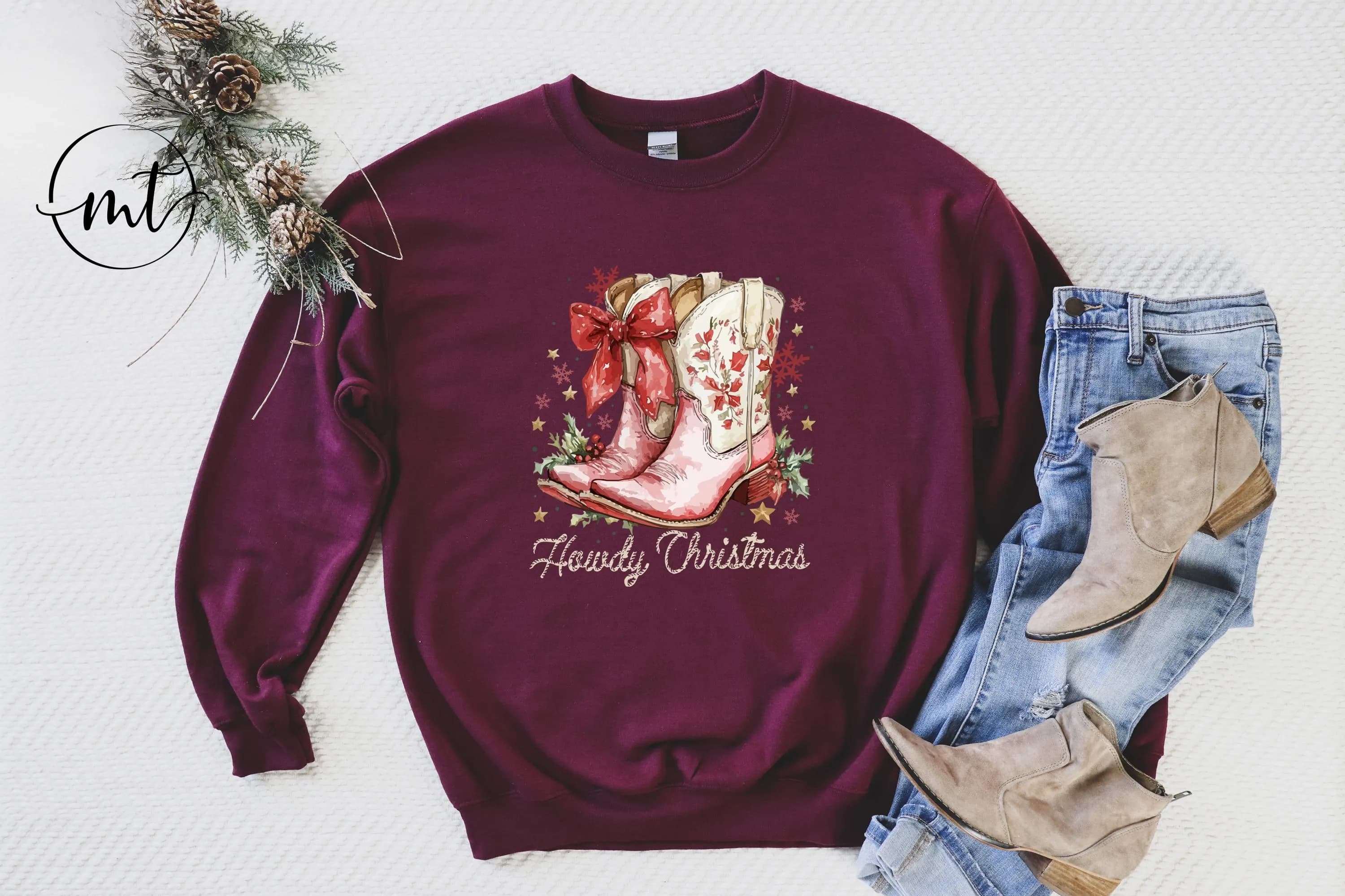 Howdy Christmas Sweatshirt , Western Holiday Cowgirl Boots Graphic Pullover in White, Festive Country Christmas Outfit - image 3