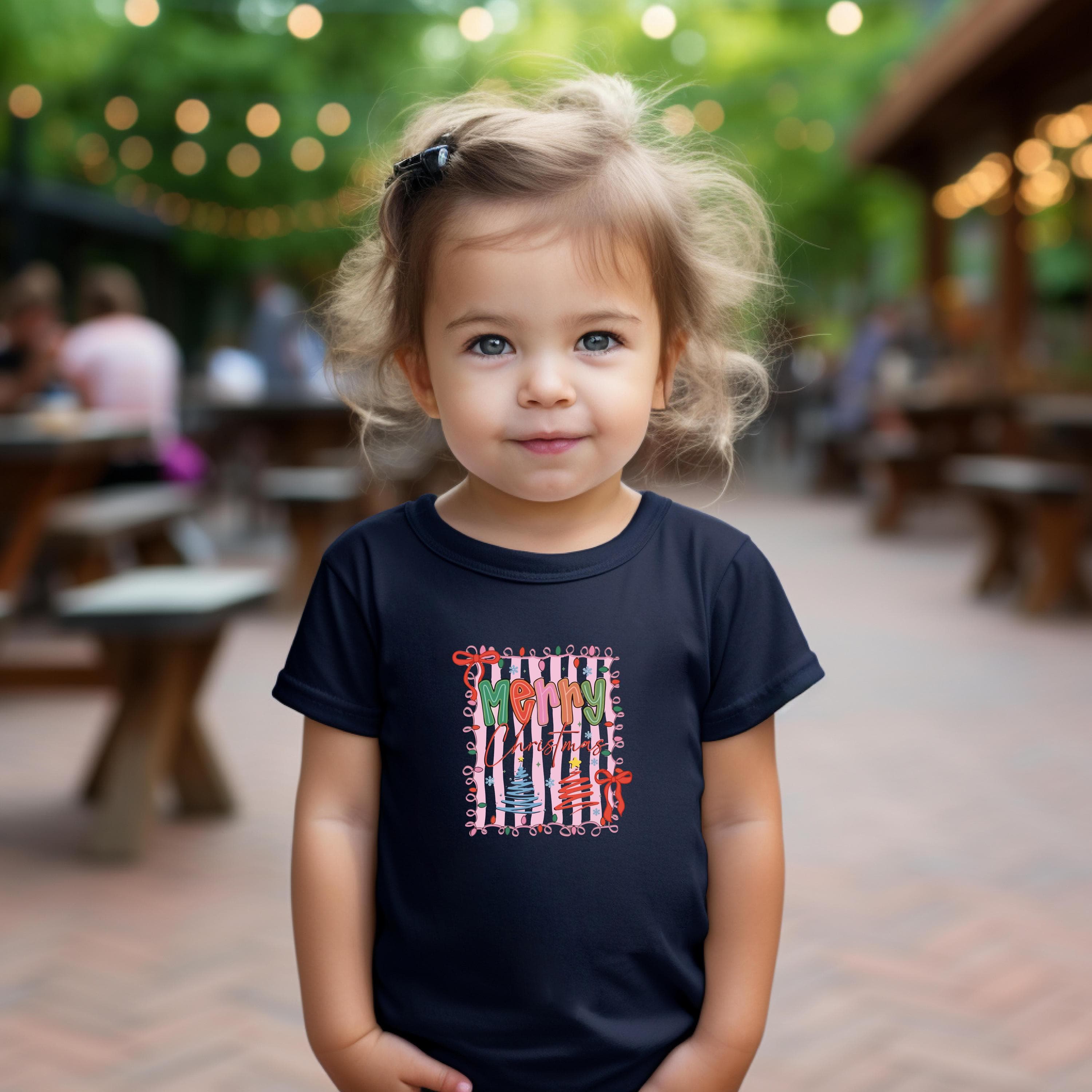 Toddler Girl Christmas T-Shirt , Cute “Merry” Graphic Tee in Navy, Festive Holiday Outfit & Gift Idea for Kids - image 3