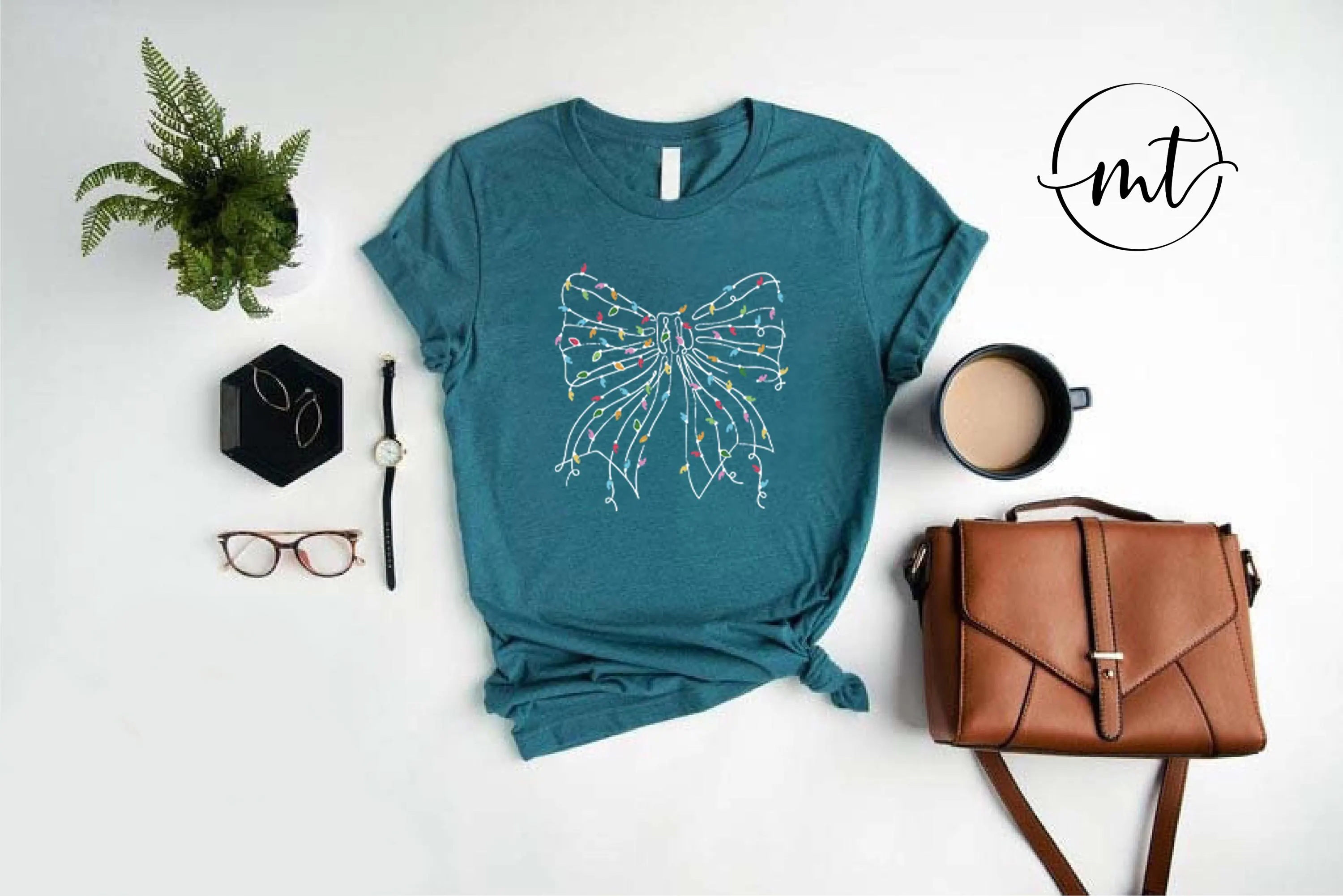 Christmas Bow T-Shirt , Festive Holiday Lights Graphic Tee in Black, Cute Christmas Outfit for Women & Teens - image 5
