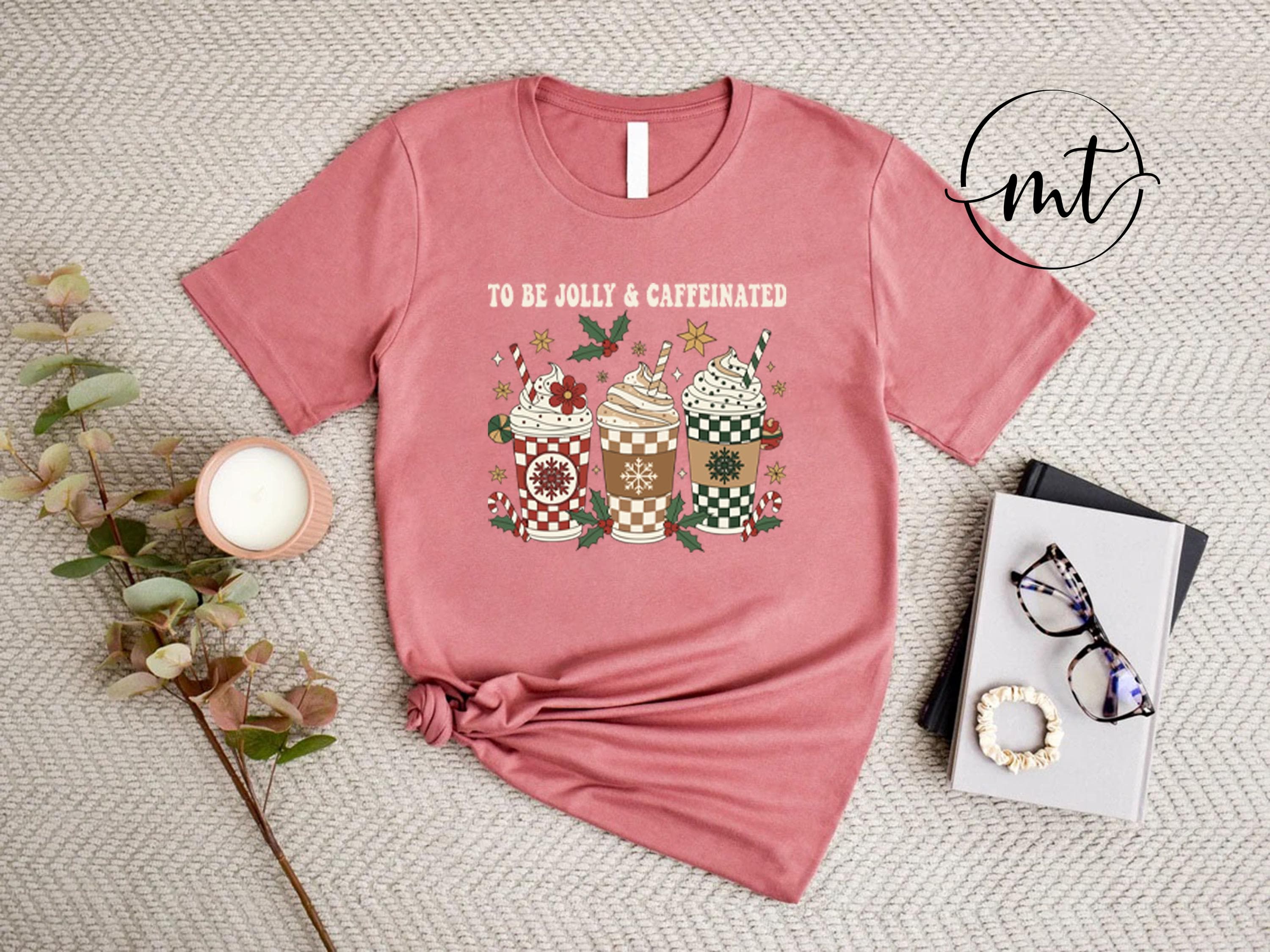 Jolly & Caffeinated Christmas T-Shirt , Festive Holiday Coffee Lovers Graphic Tee in White, Cozy Winter Outfit - image 5