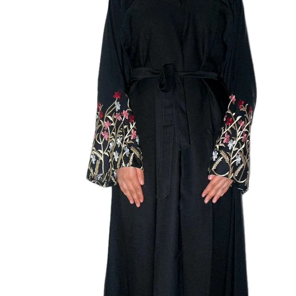 Embroidered Nida Abaya Set: 3-Piece Open Abaya with Scarf & Belt - image 3