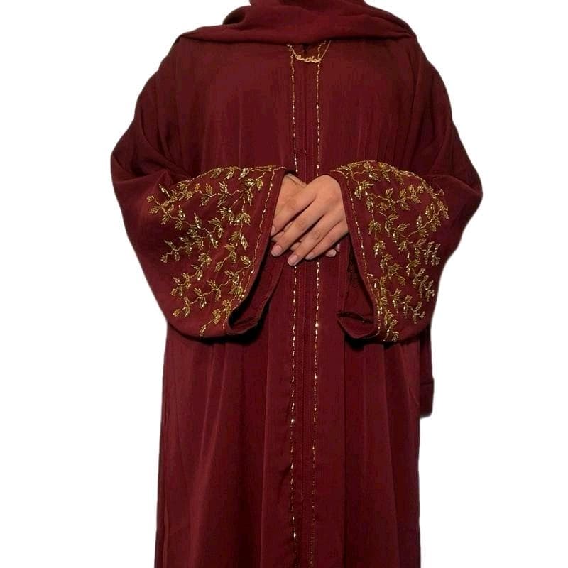 Embellished Riya Abaya 3-Piece Set: Party Wear, Red Gold Design