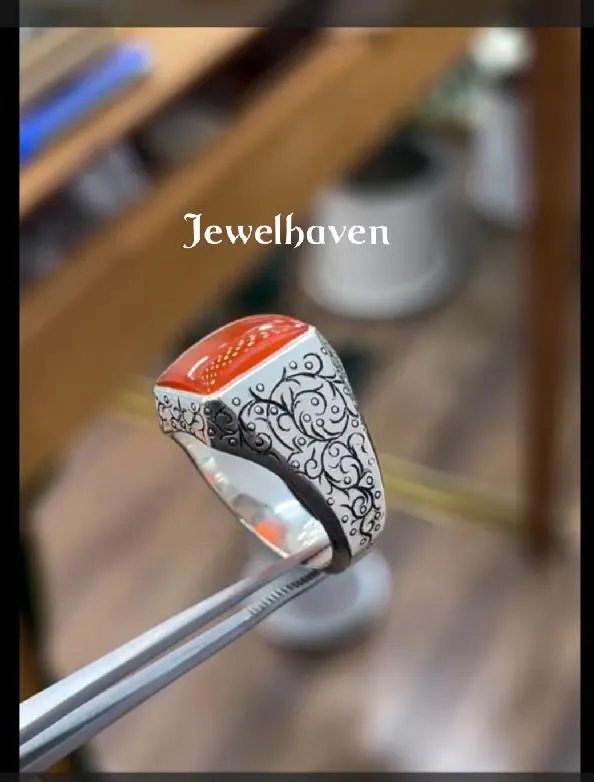 Engraved Agate Sterling Silver Ring | Handmade Beaded Band | Elegant Men's Ring
