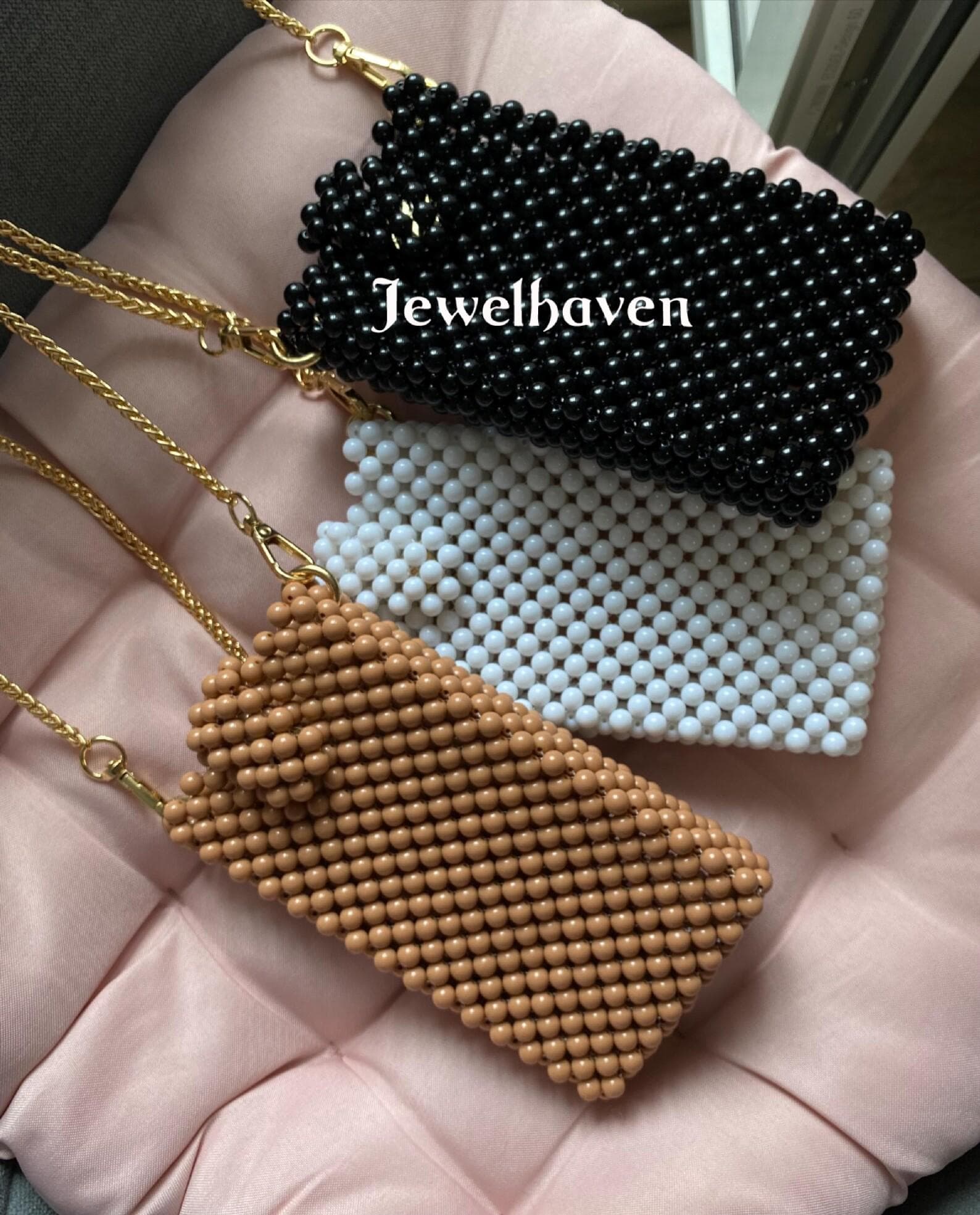 Beaded Phone Bag – Pearl White Clutch, Handmade Crossbody Purse, Evening Accessory