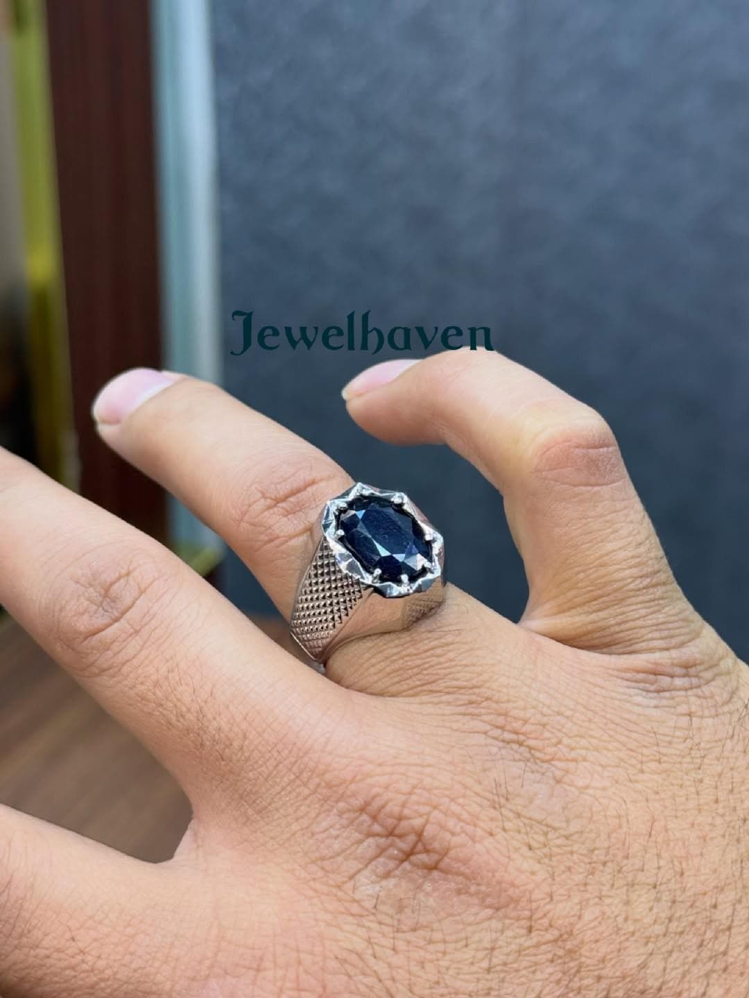 Men's Blue Sapphire Ring | Sterling Silver Statement Band | September Birthstone Jewelry, Gift for Him - image 5