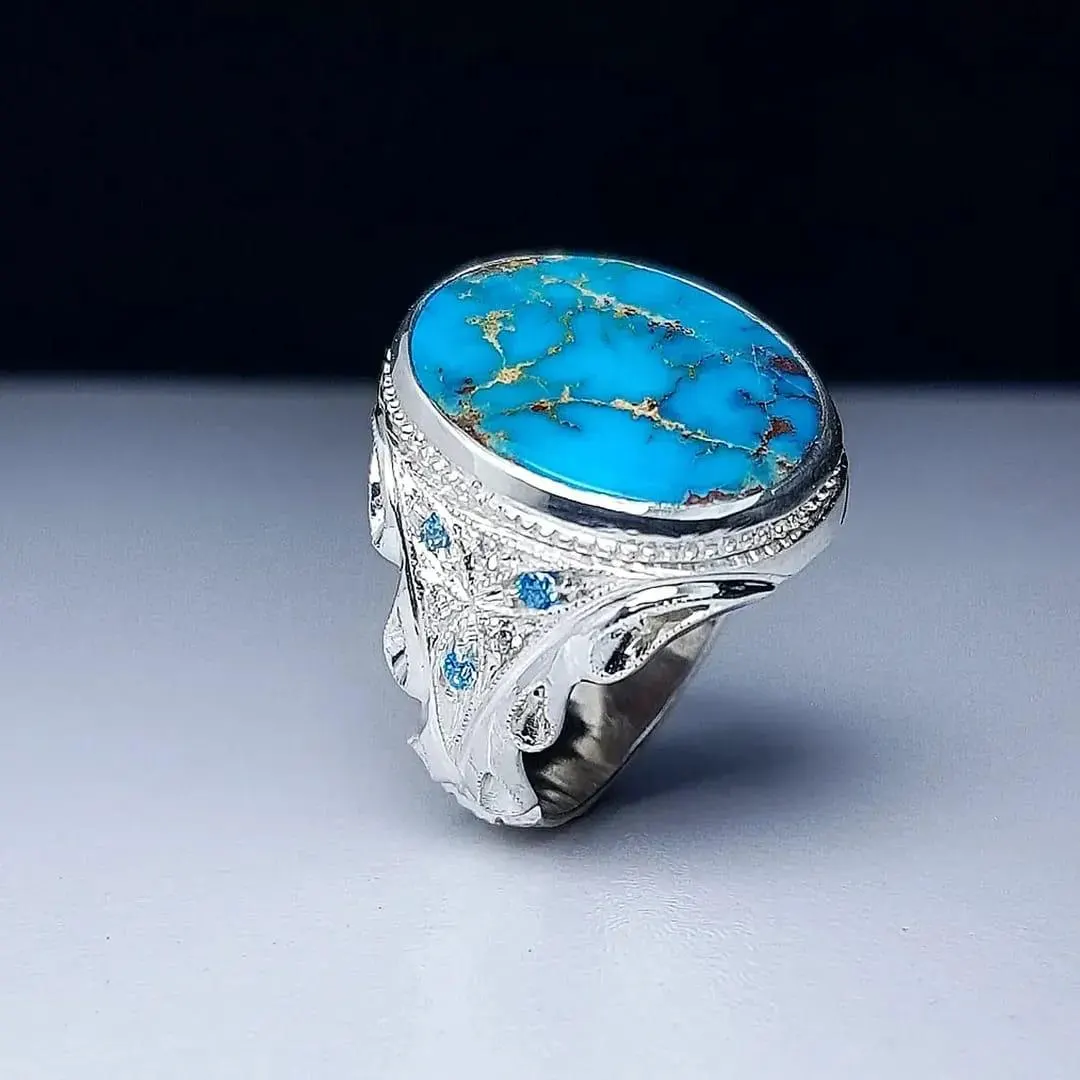Handmade Turquoise Ring: 925 Sterling Silver Feroza Band, Vintage and Royal Style - image 4