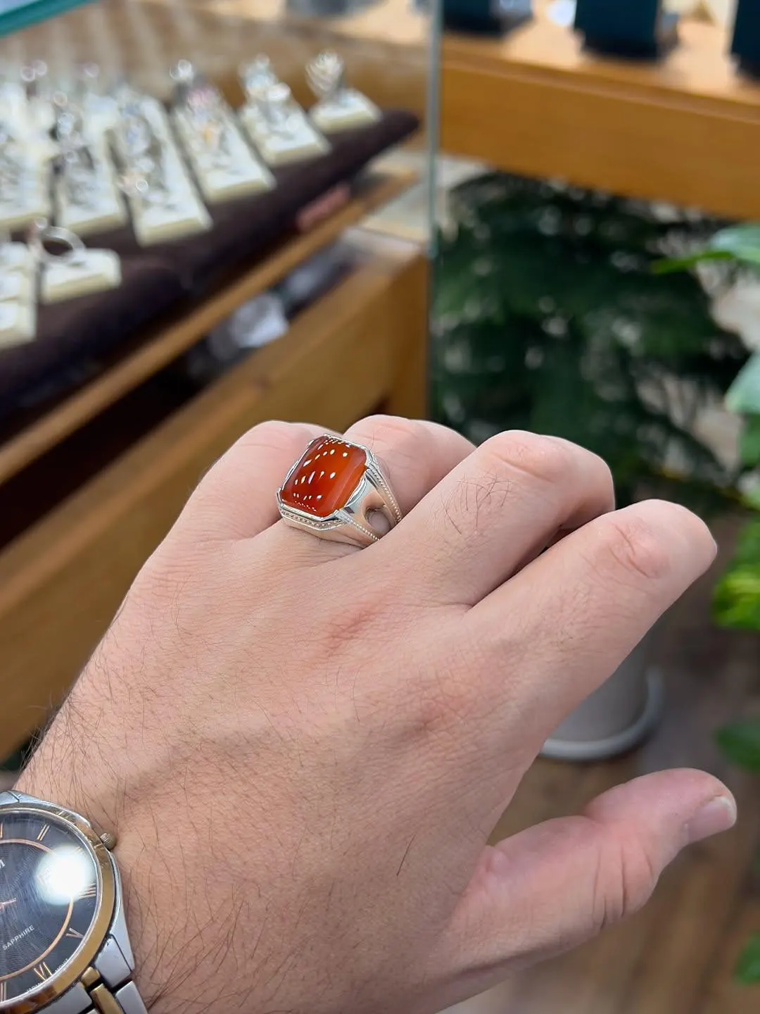 Men's Agate Ring: Handmade 925 Silver Band, Earth Tone Stone - image 3